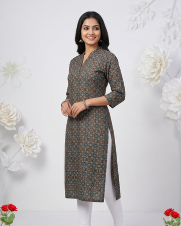 Floral Brown  Mosaic Printed  V-Neck Cotton Kurti