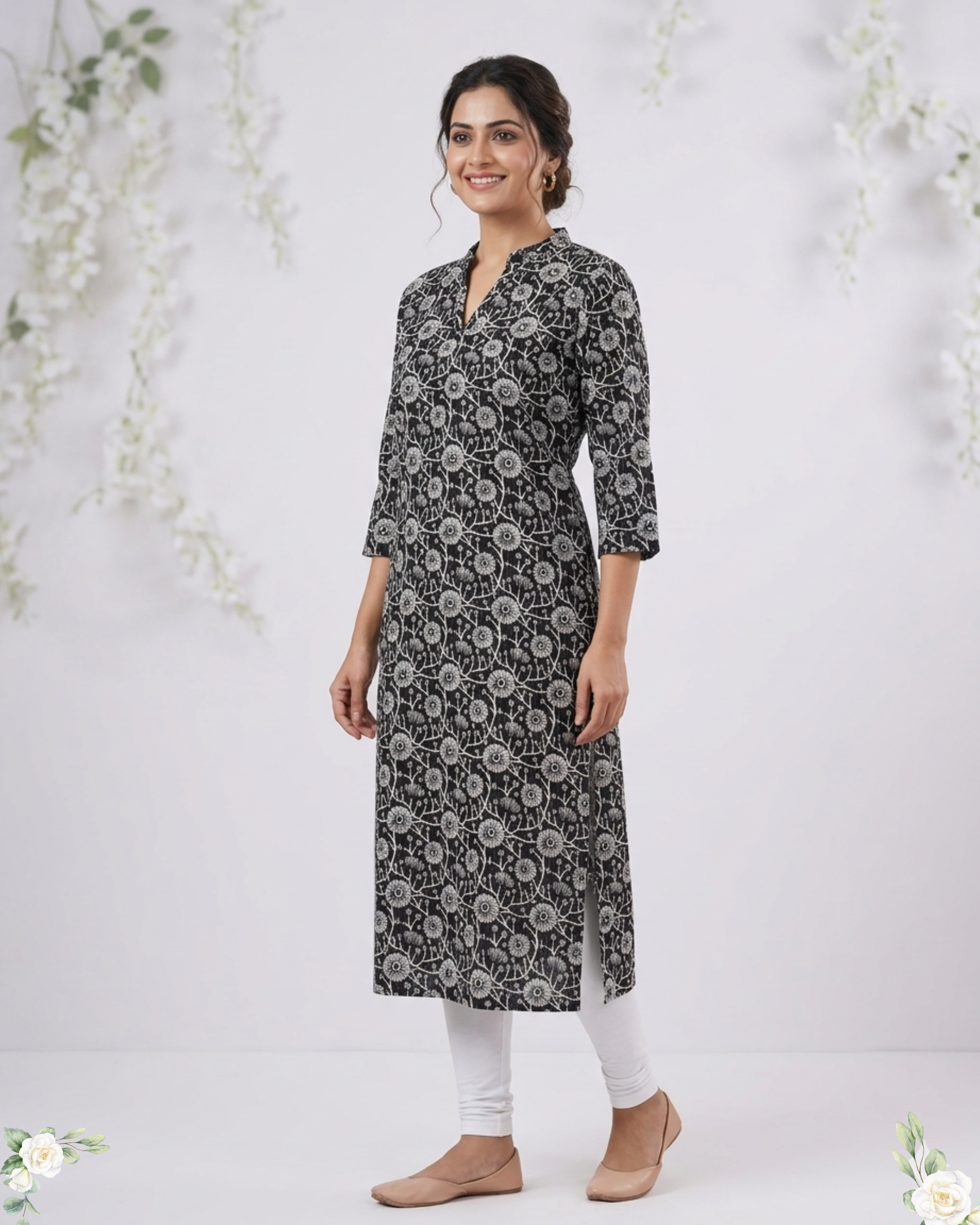 Black Floral Print V-Neck Khantha Cotton Kurti