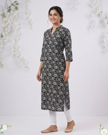 Black Floral Print V-Neck Khantha Cotton Kurti