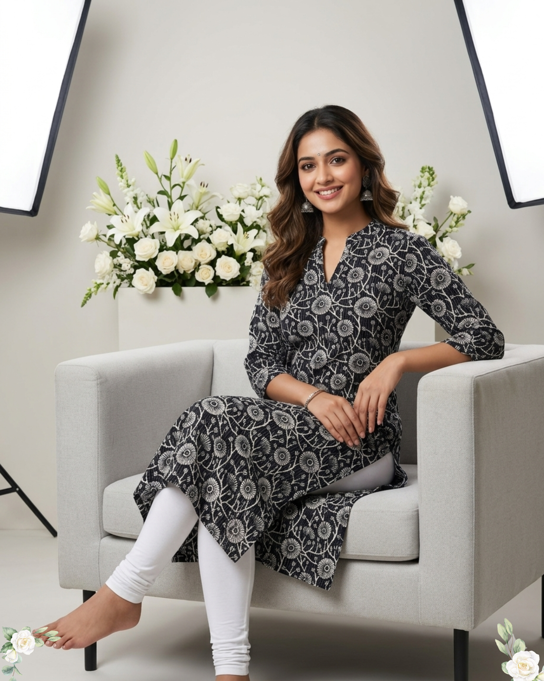 Black Floral Print V-Neck Khantha Cotton Kurti