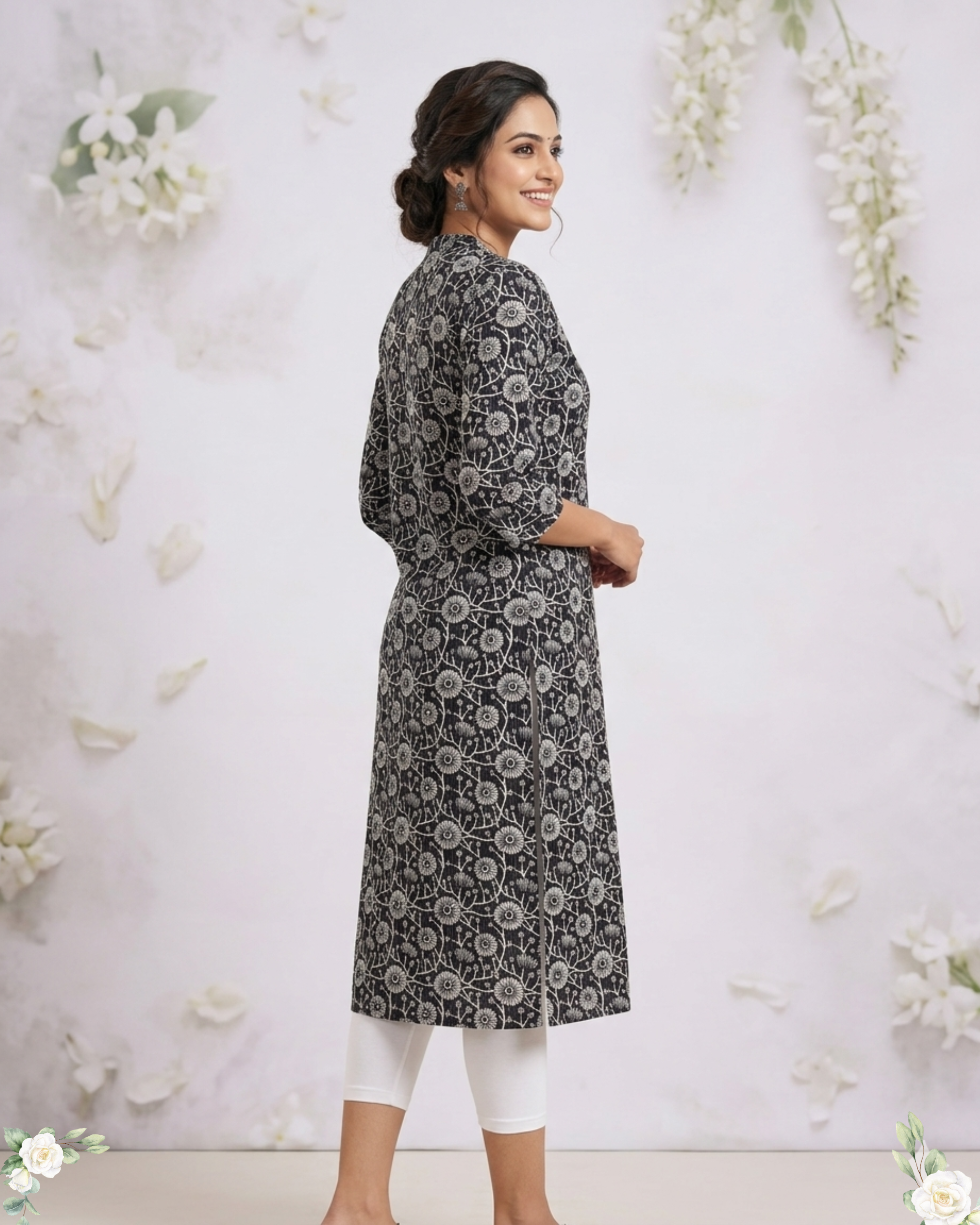 Black Floral Print V-Neck Khantha Cotton Kurti