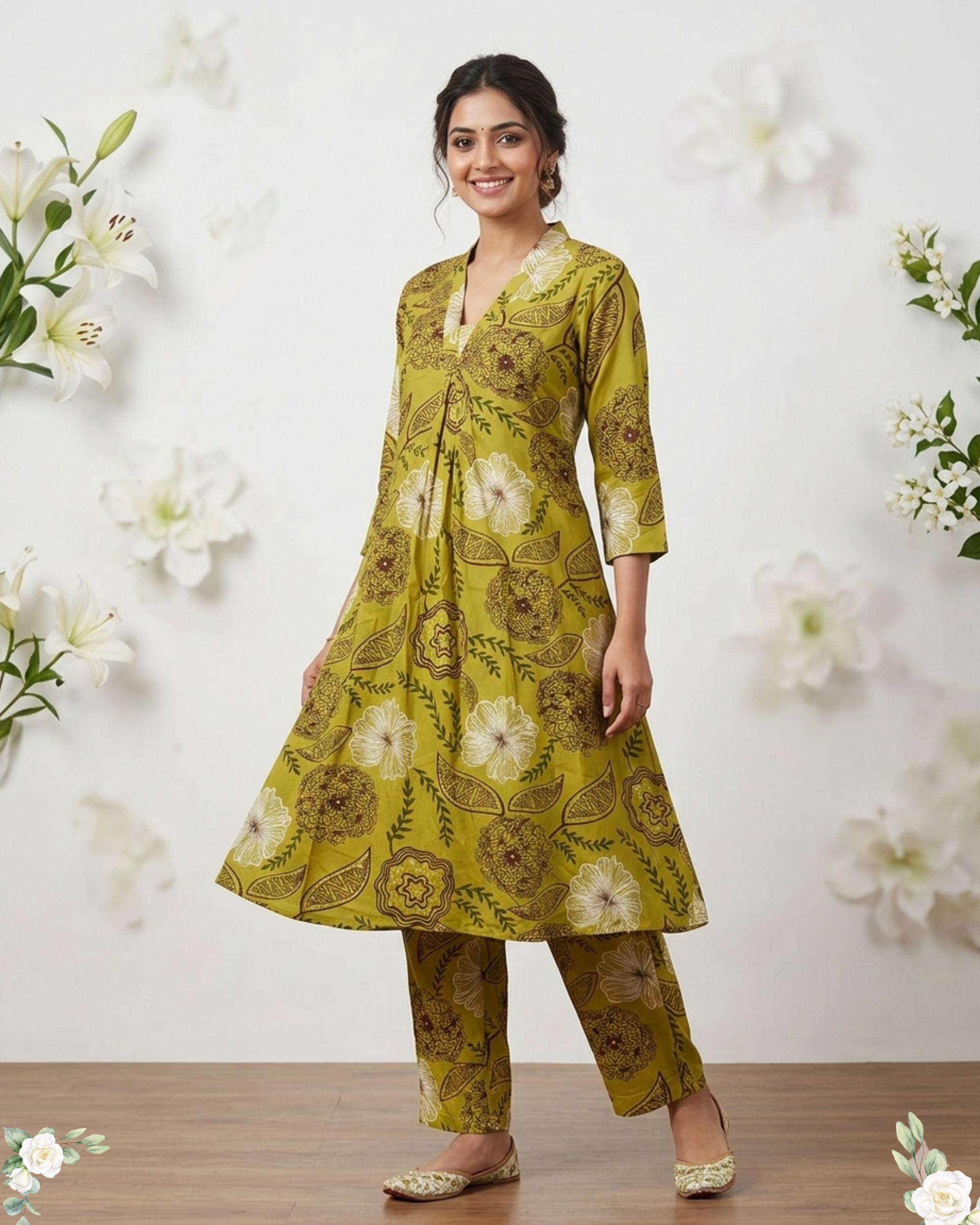 Musterd Green V-Neck Rayon Cotton Umberla Kurti Set
