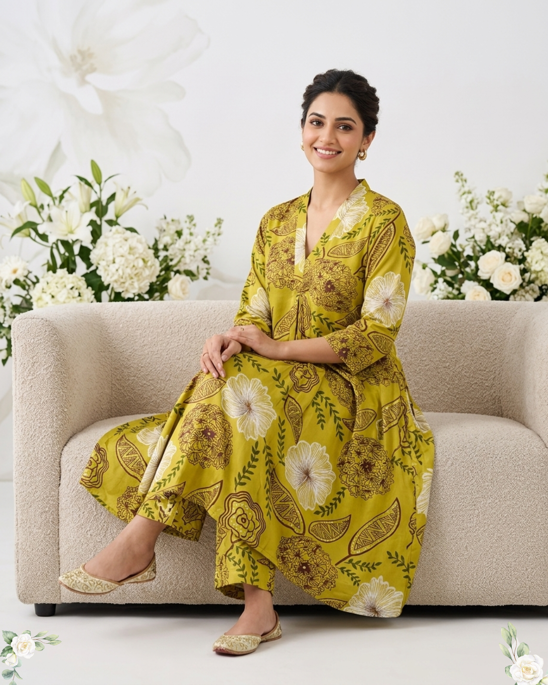 Musterd Green V-Neck Rayon Cotton Umberla Kurti Set