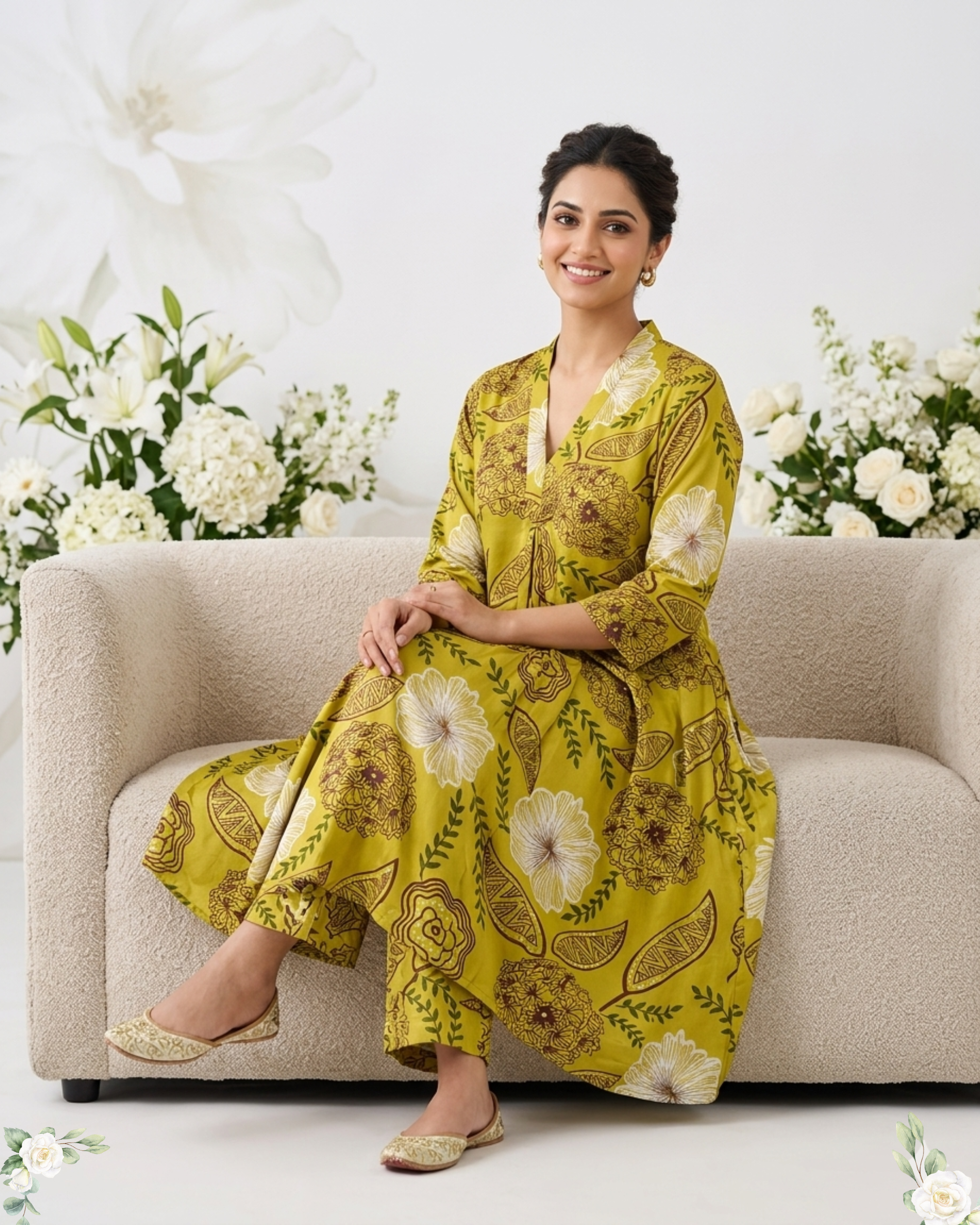 Musterd Green V-Neck Rayon Cotton Umberla Kurti Set