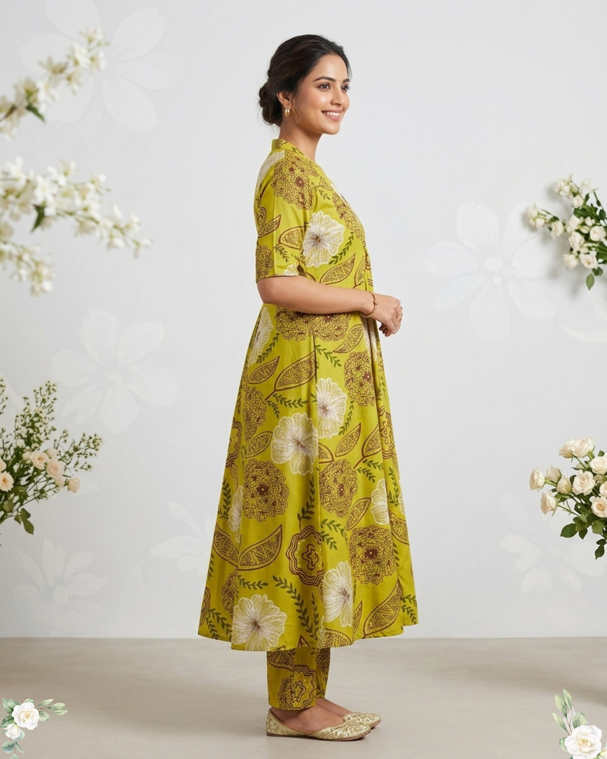 Musterd Green V-Neck Rayon Cotton Umberla Kurti Set