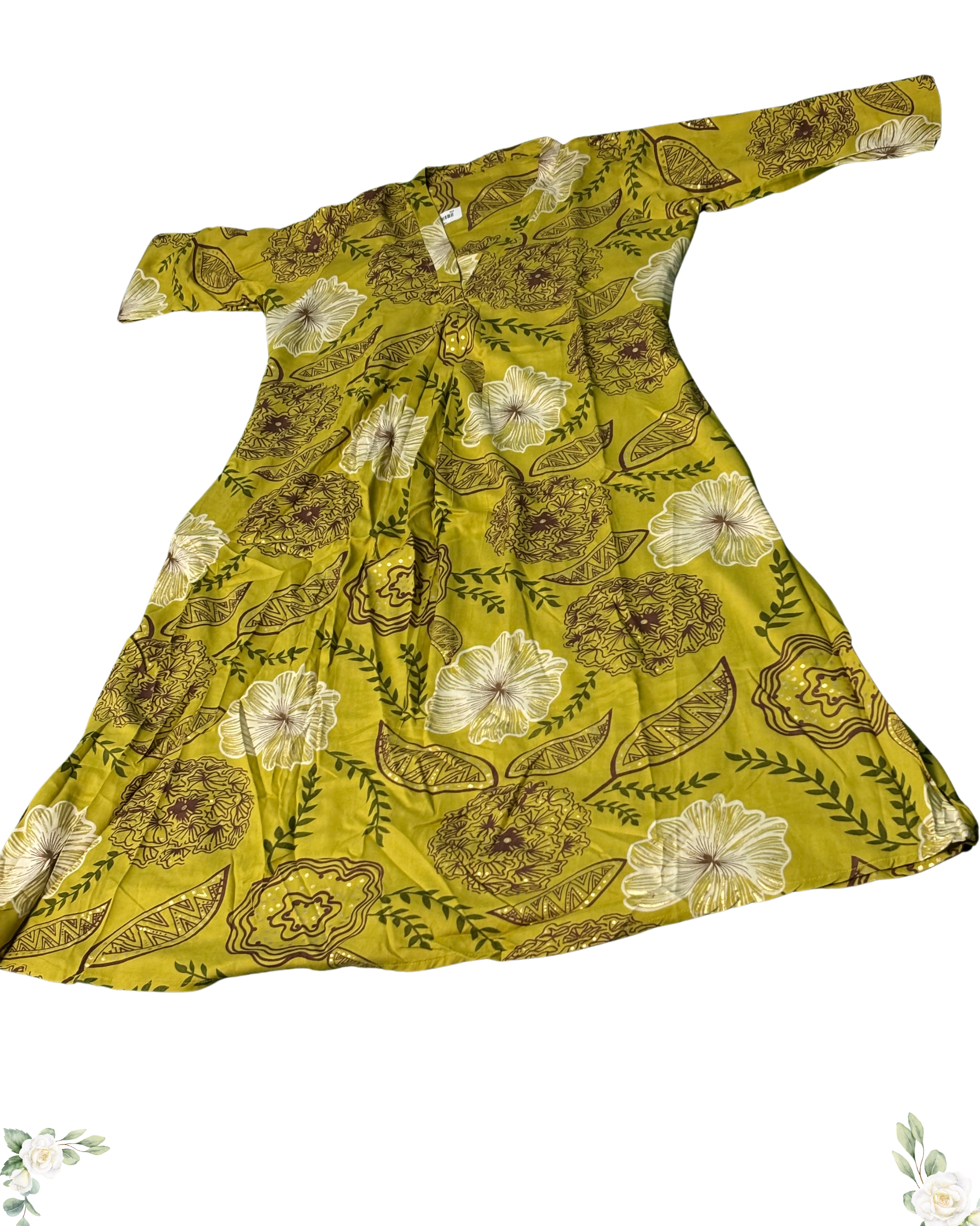 Musterd Green V-Neck Rayon Cotton Umberla Kurti Set