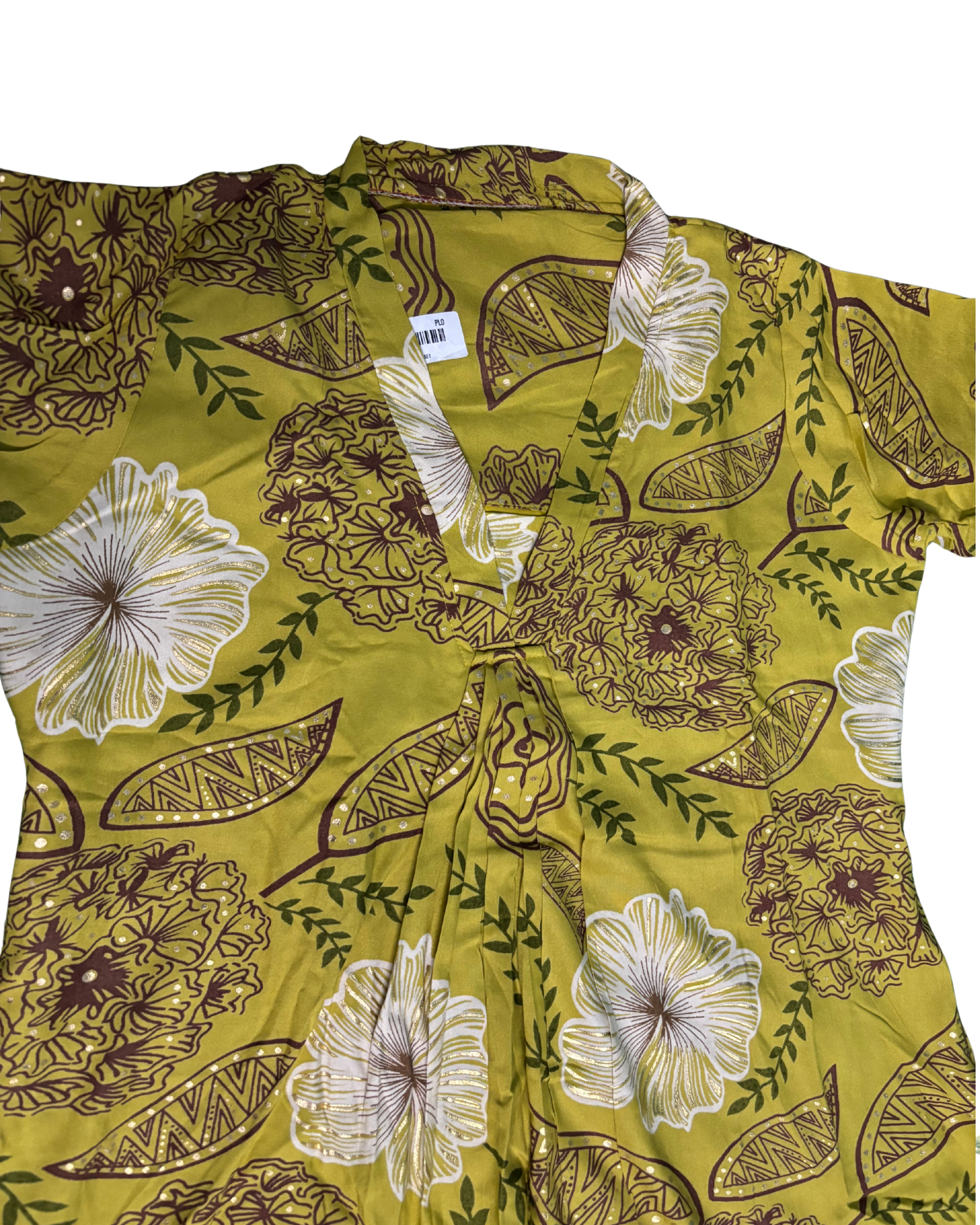 Musterd Green V-Neck Rayon Cotton Umberla Kurti Set