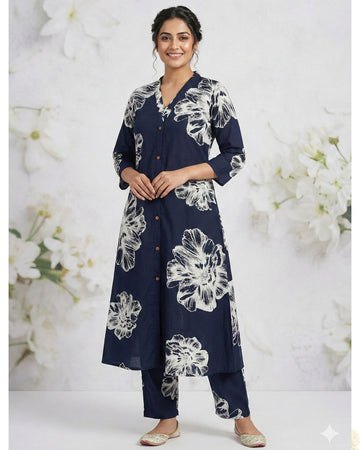 Navy Blue Floral Printed Rayon Kurti  Set