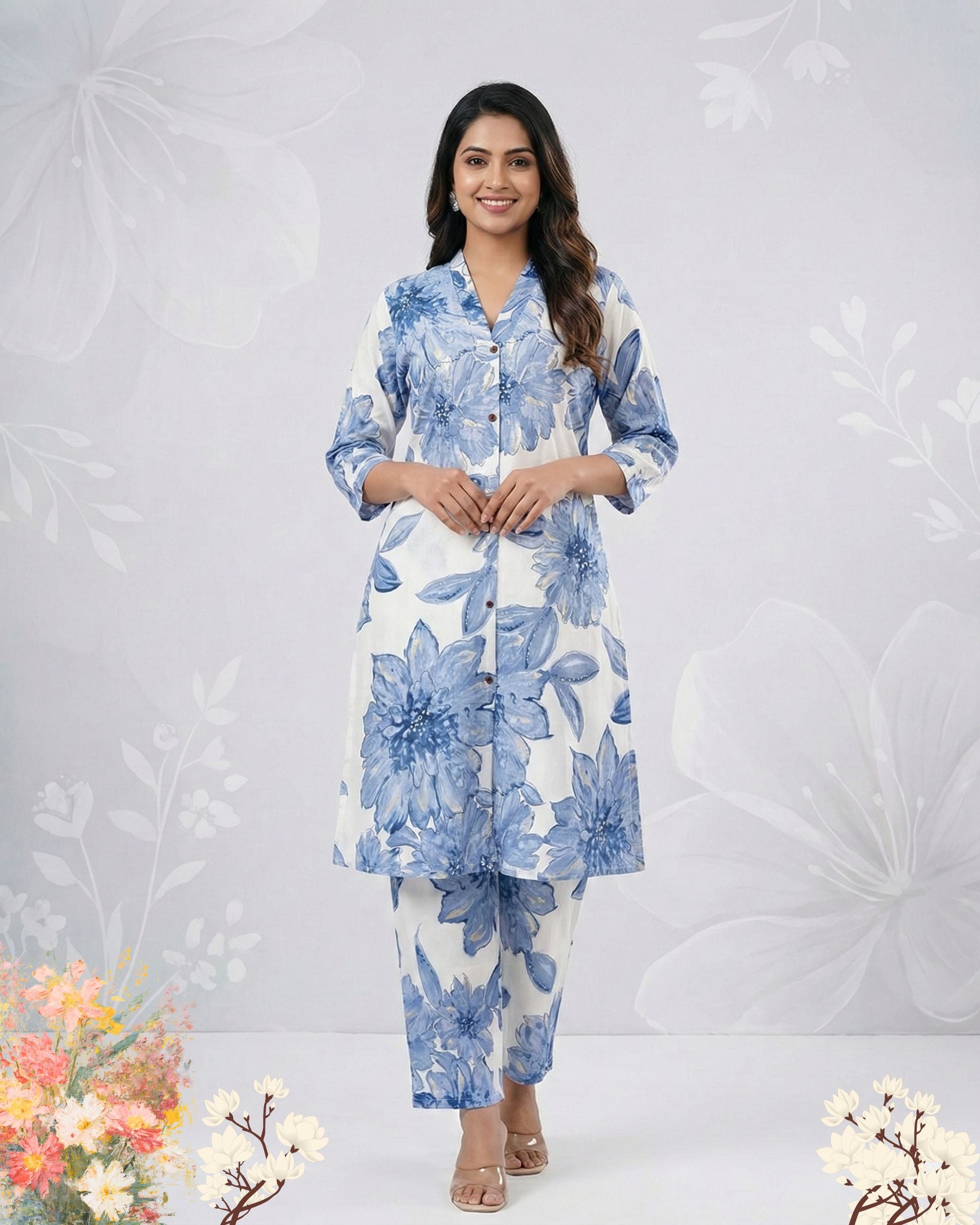 White & Blue Floral Printed Rayon cotton Kurti Set