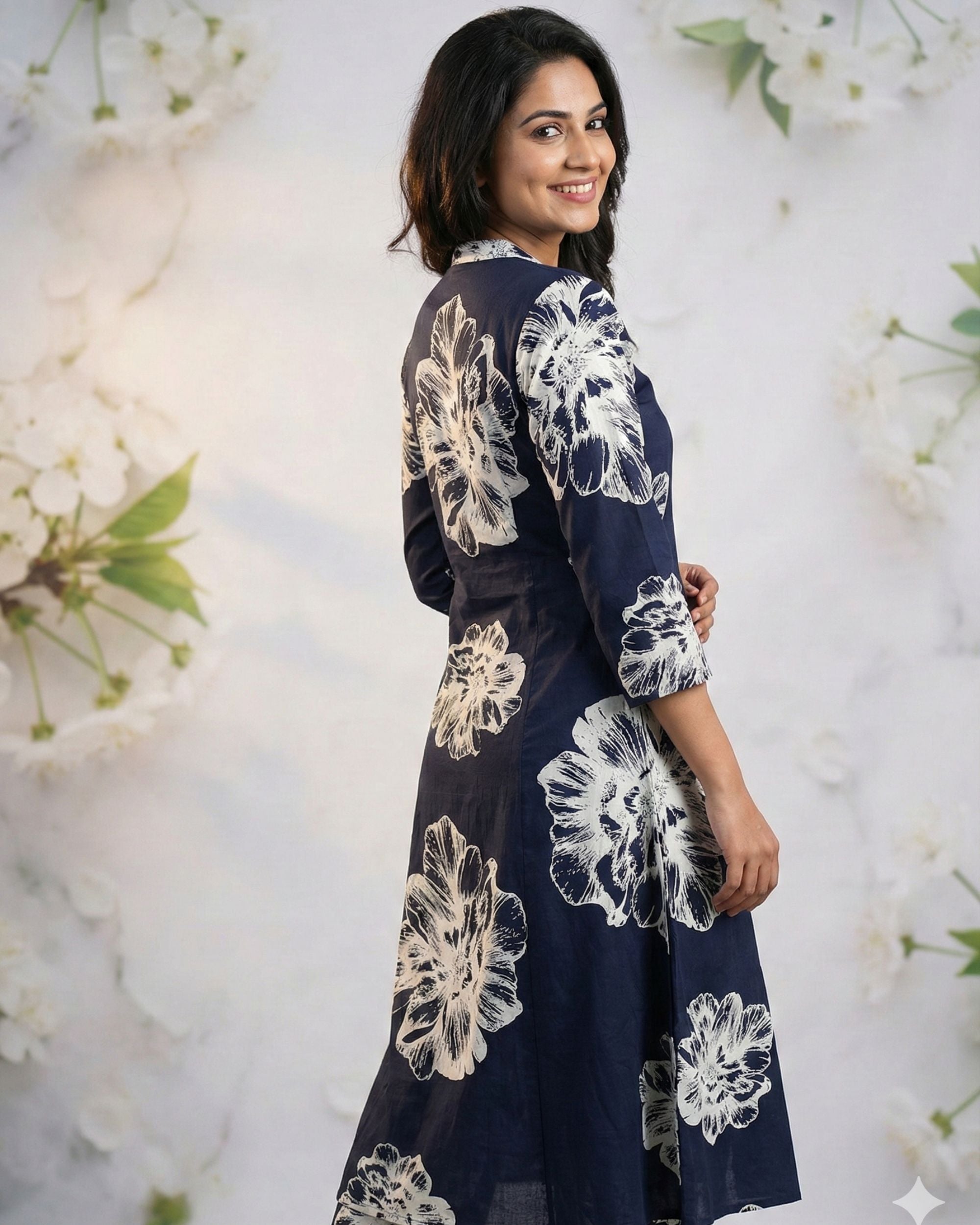 Navy Blue Floral Printed Rayon Kurti  Set