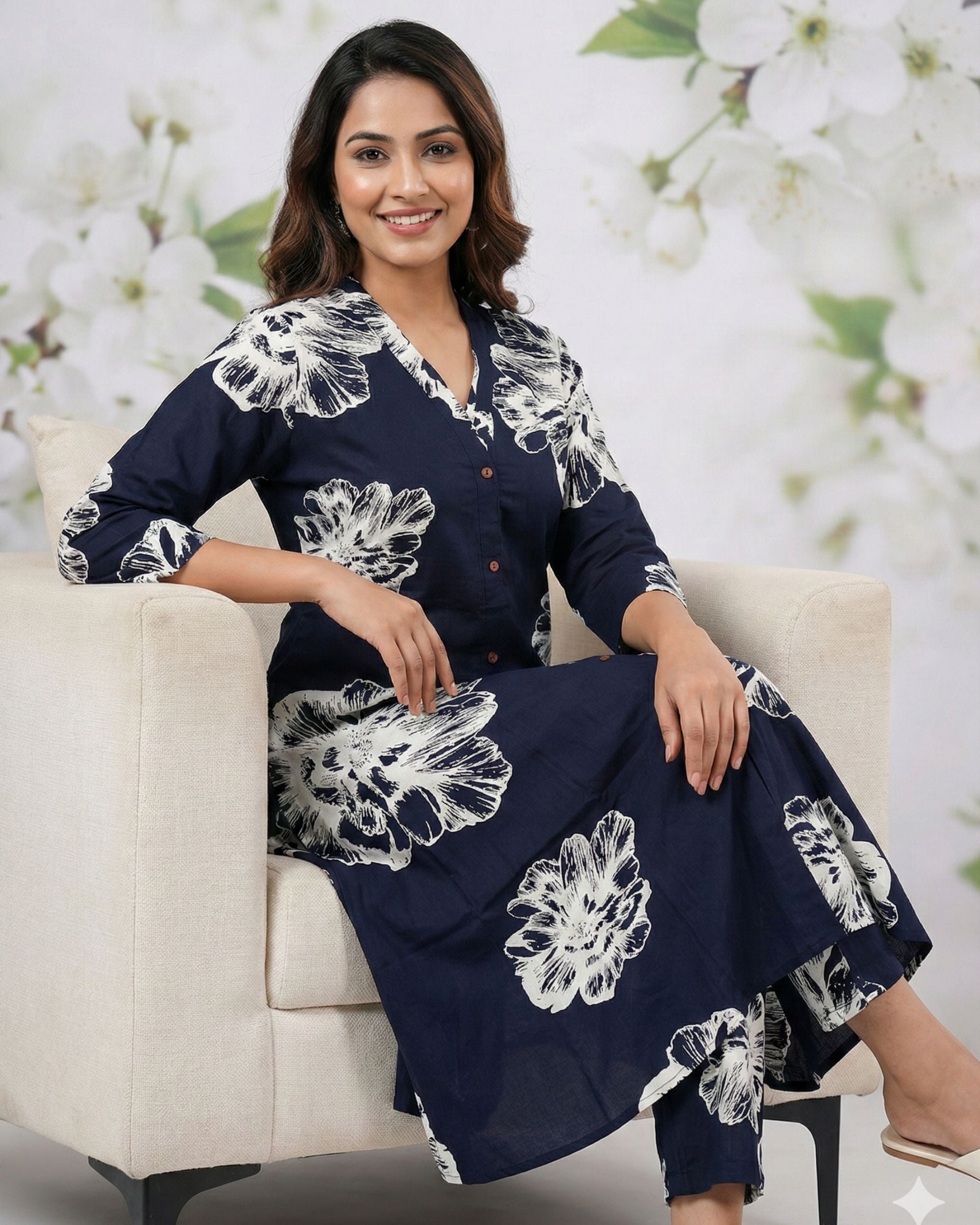 Navy Blue Floral Printed Rayon Kurti  Set