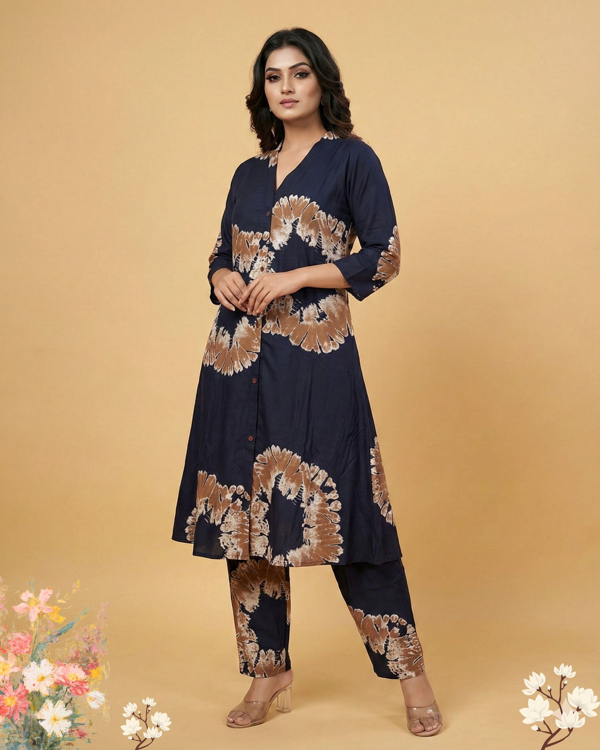 Navy Blue & Orange V - Neck Floral Printed Kurti  Set