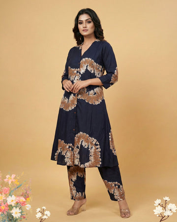 Navy Blue & Orange V - Neck Floral Printed Kurti  Set