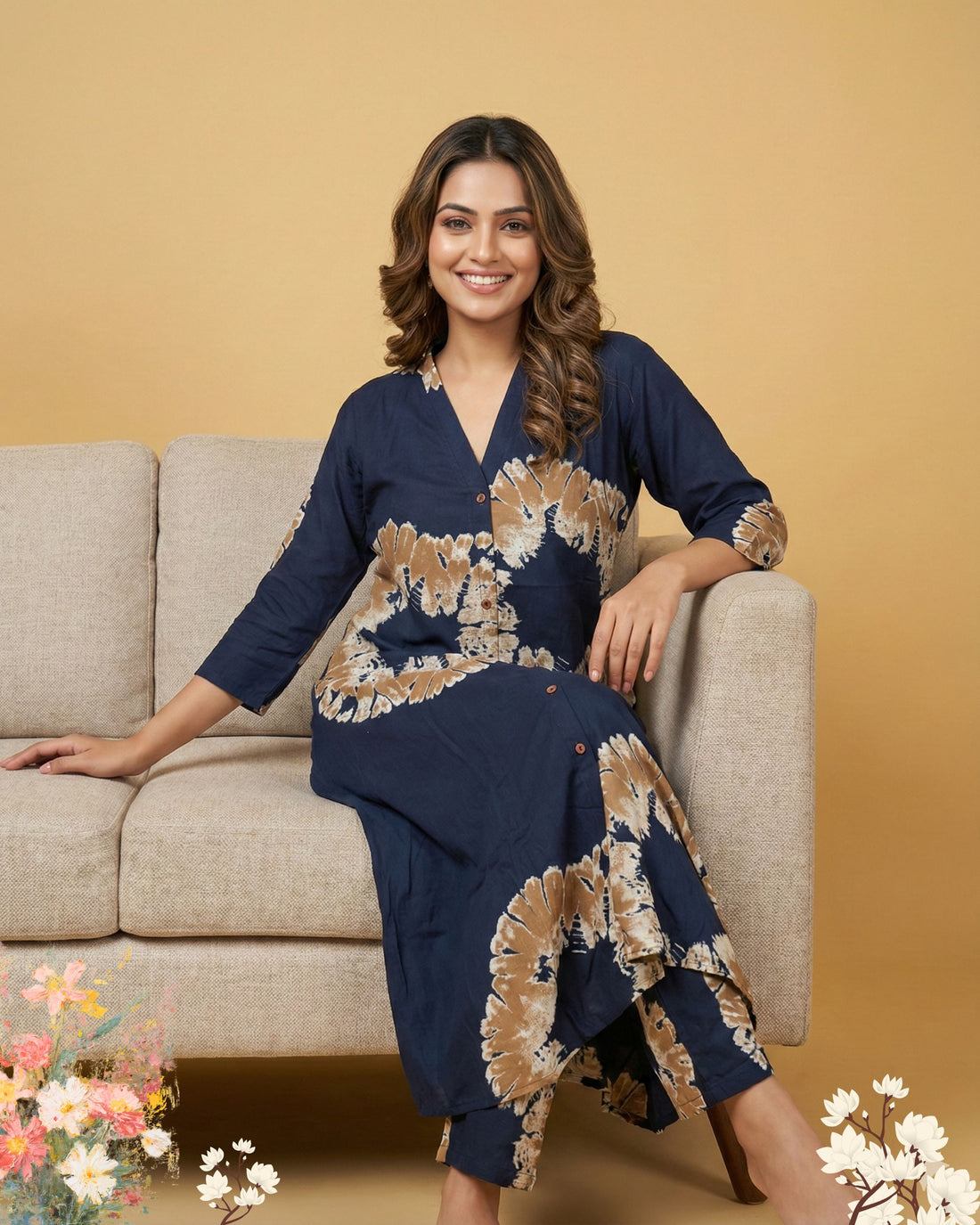 Navy Blue & Orange V - Neck Floral Printed Kurti  Set
