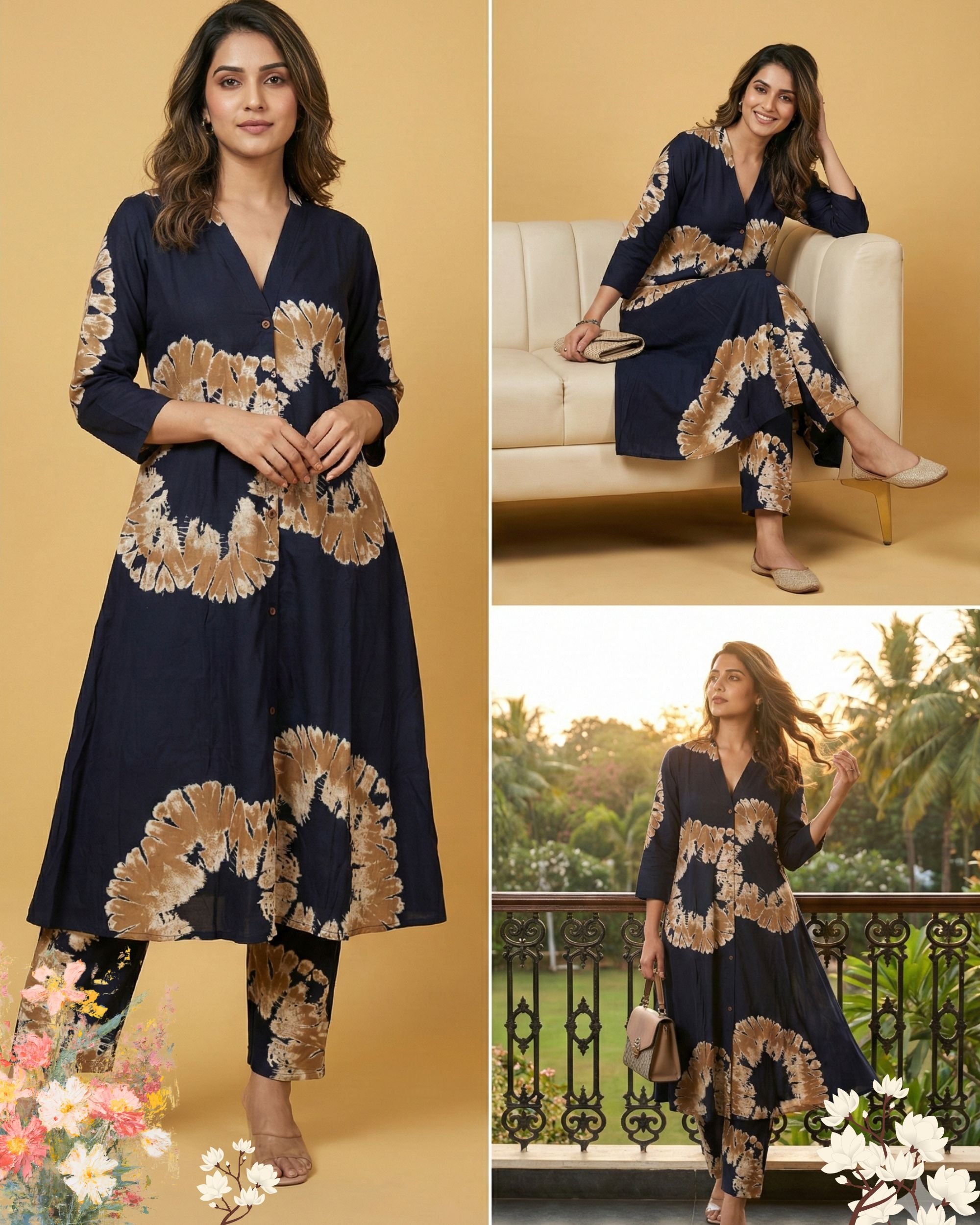 Navy Blue & Orange V - Neck Floral Printed Kurti  Set