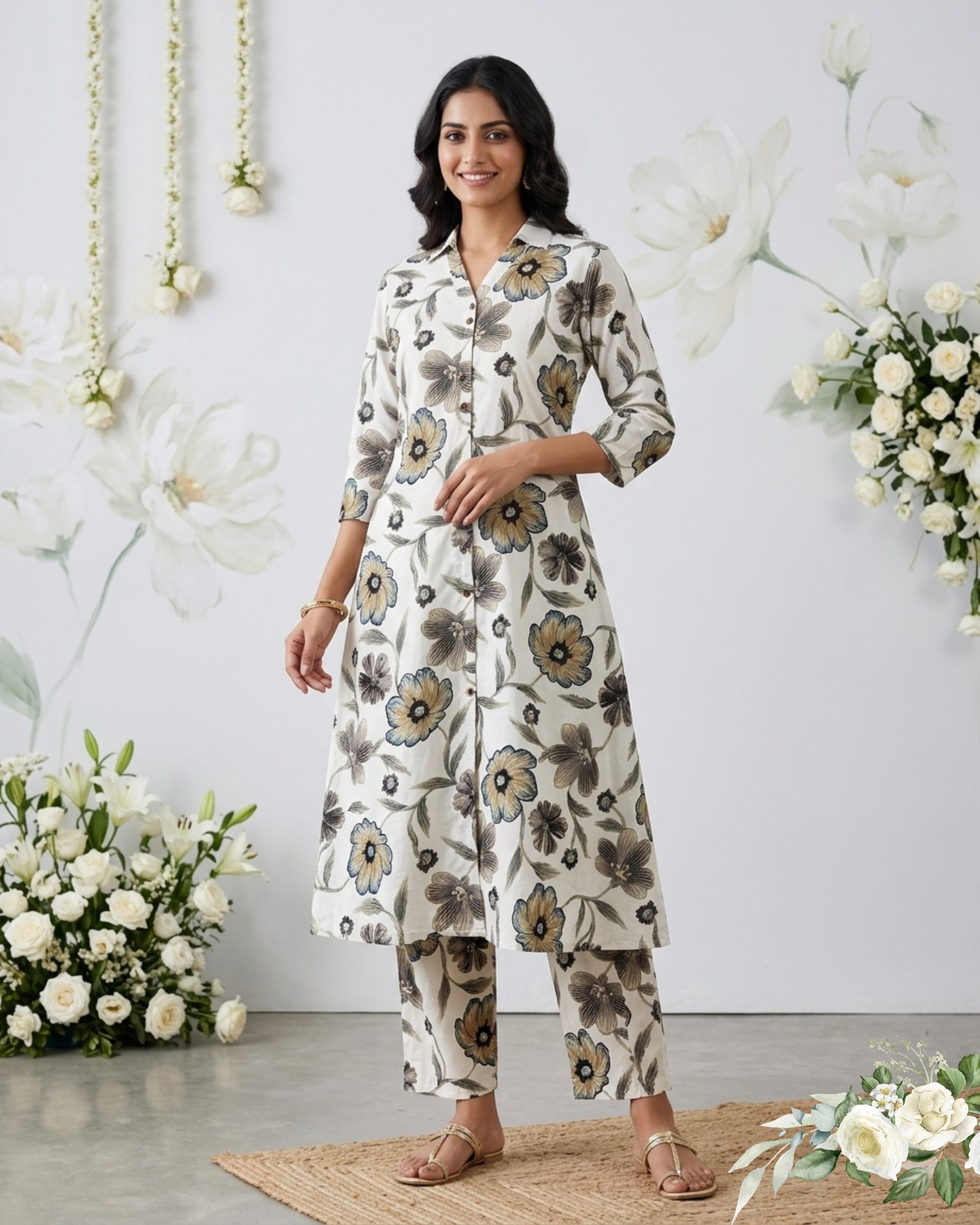 Floral Printed White & Green V - Neck Rayon Cotton Kurti Set