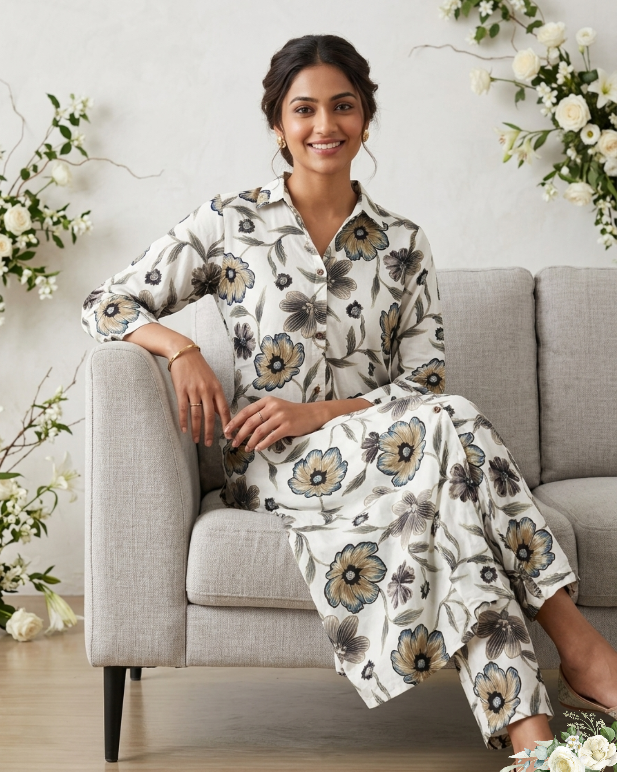 Floral Printed White & Green V - Neck Rayon Cotton Kurti Set