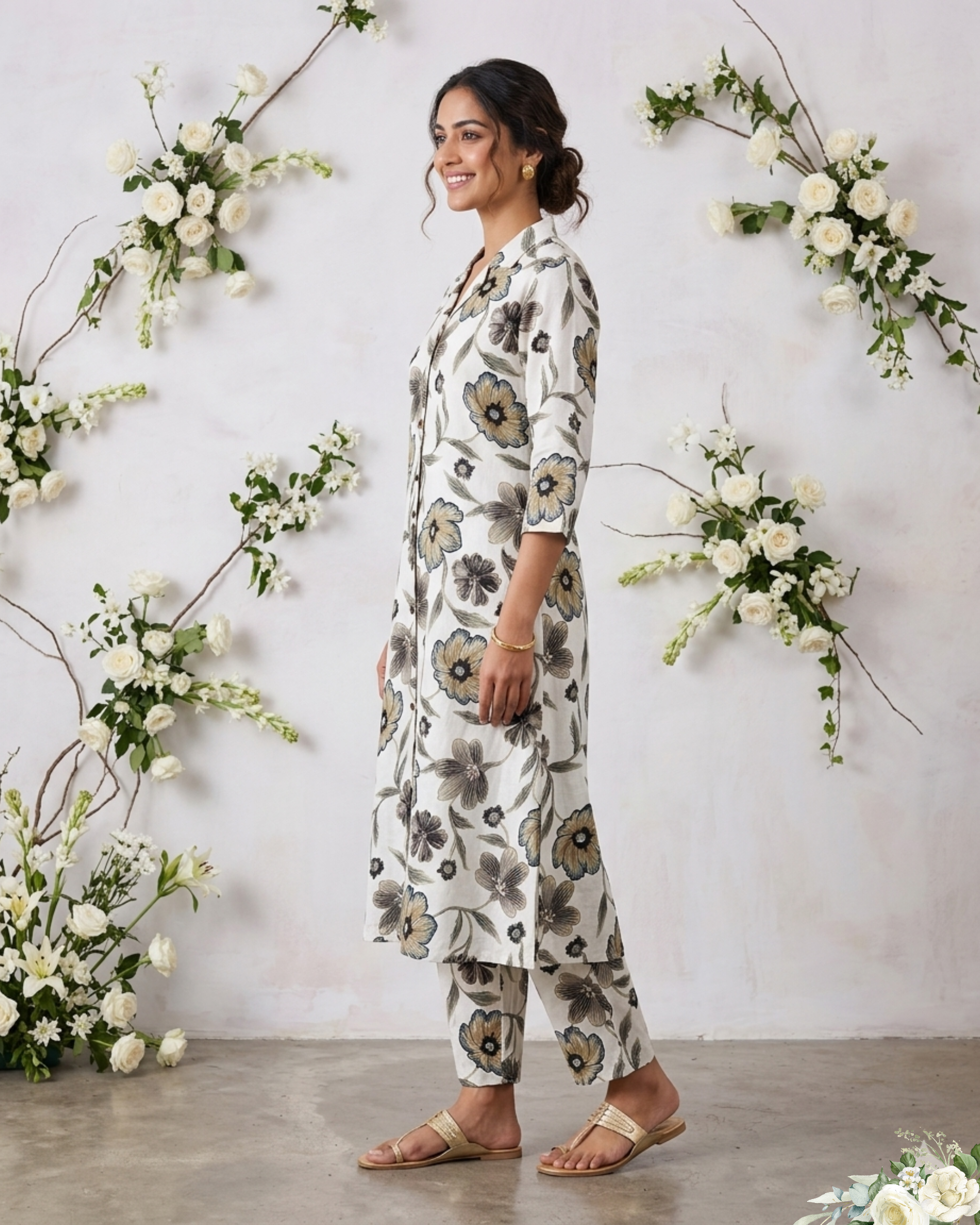 Floral Printed White & Green V - Neck Rayon Cotton Kurti Set