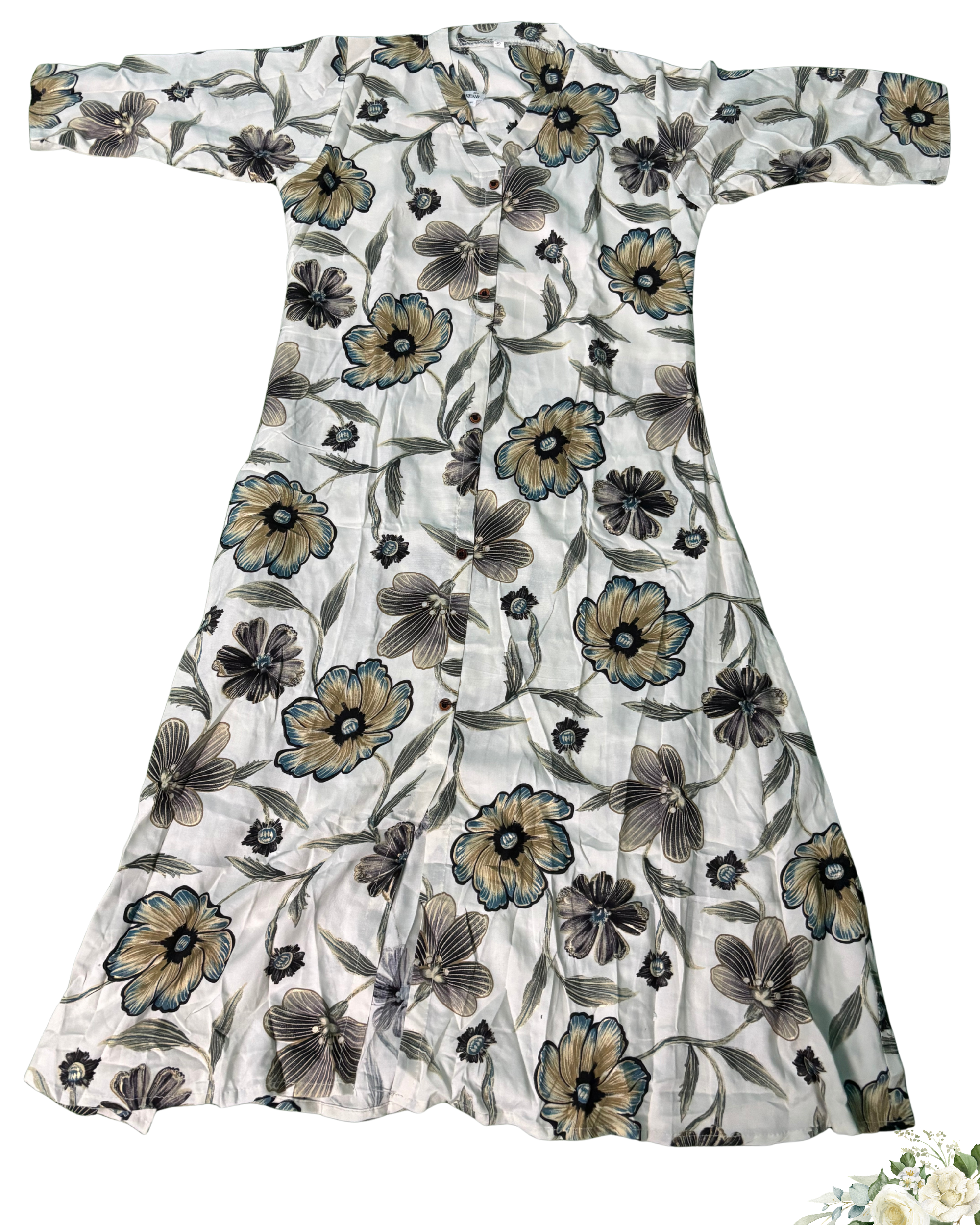Floral Printed White & Green V - Neck Rayon Cotton Kurti Set