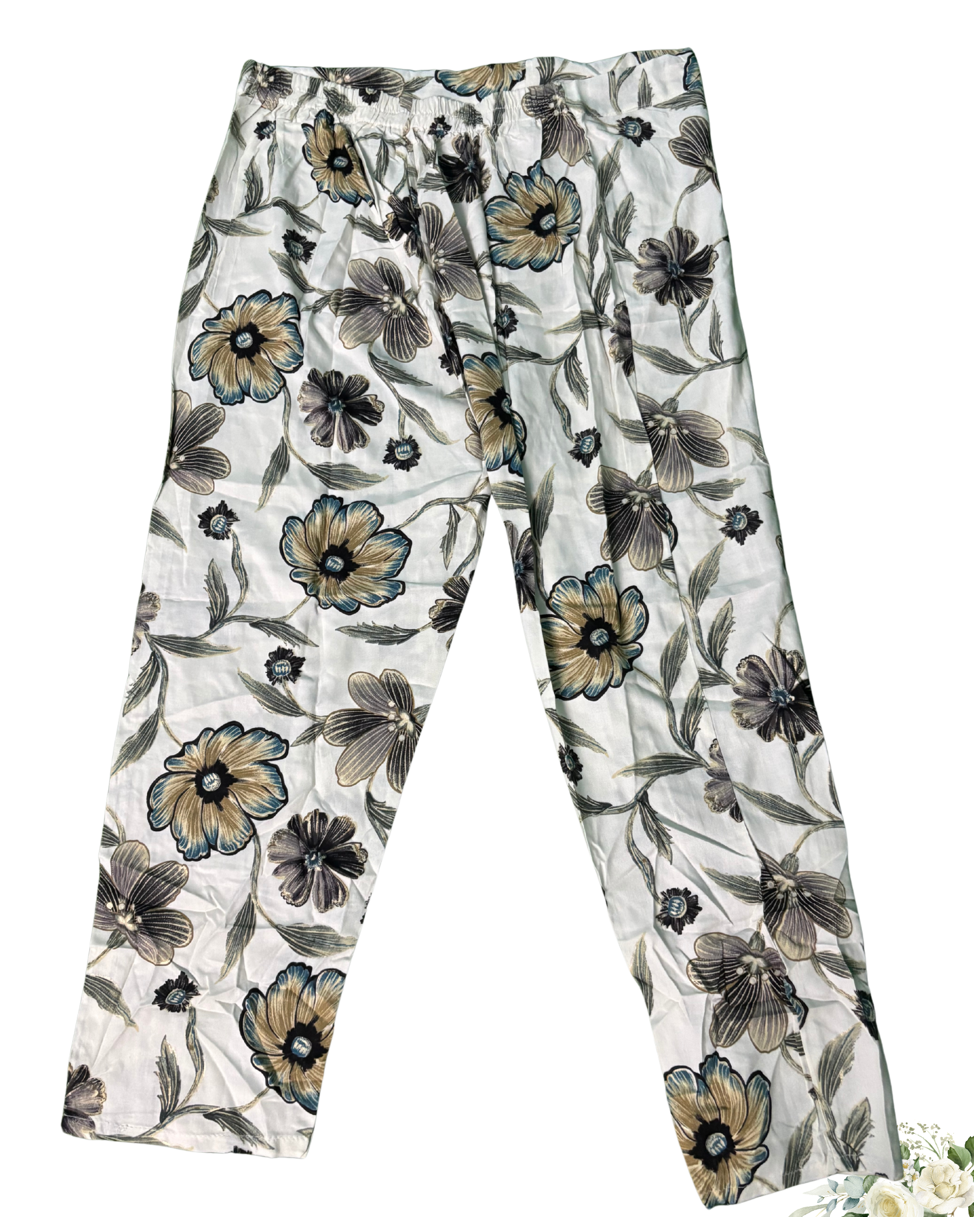 Floral Printed White & Green V - Neck Rayon Cotton Kurti Set