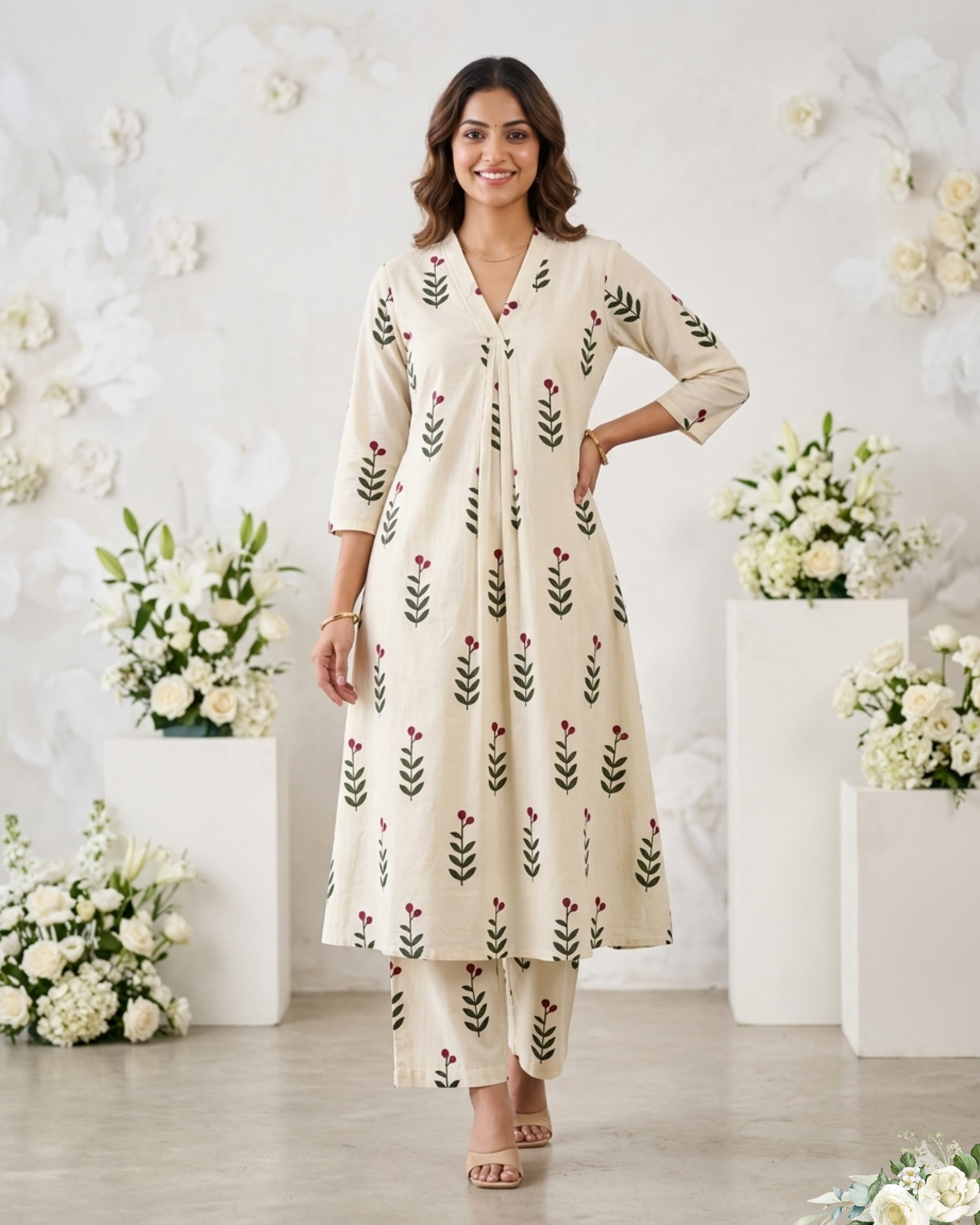 Sandal and Green leaf V - Neck Mul Cotton Kurti Set