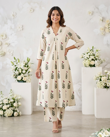 Sandal and Green leaf V - Neck Mul Cotton Kurti Set