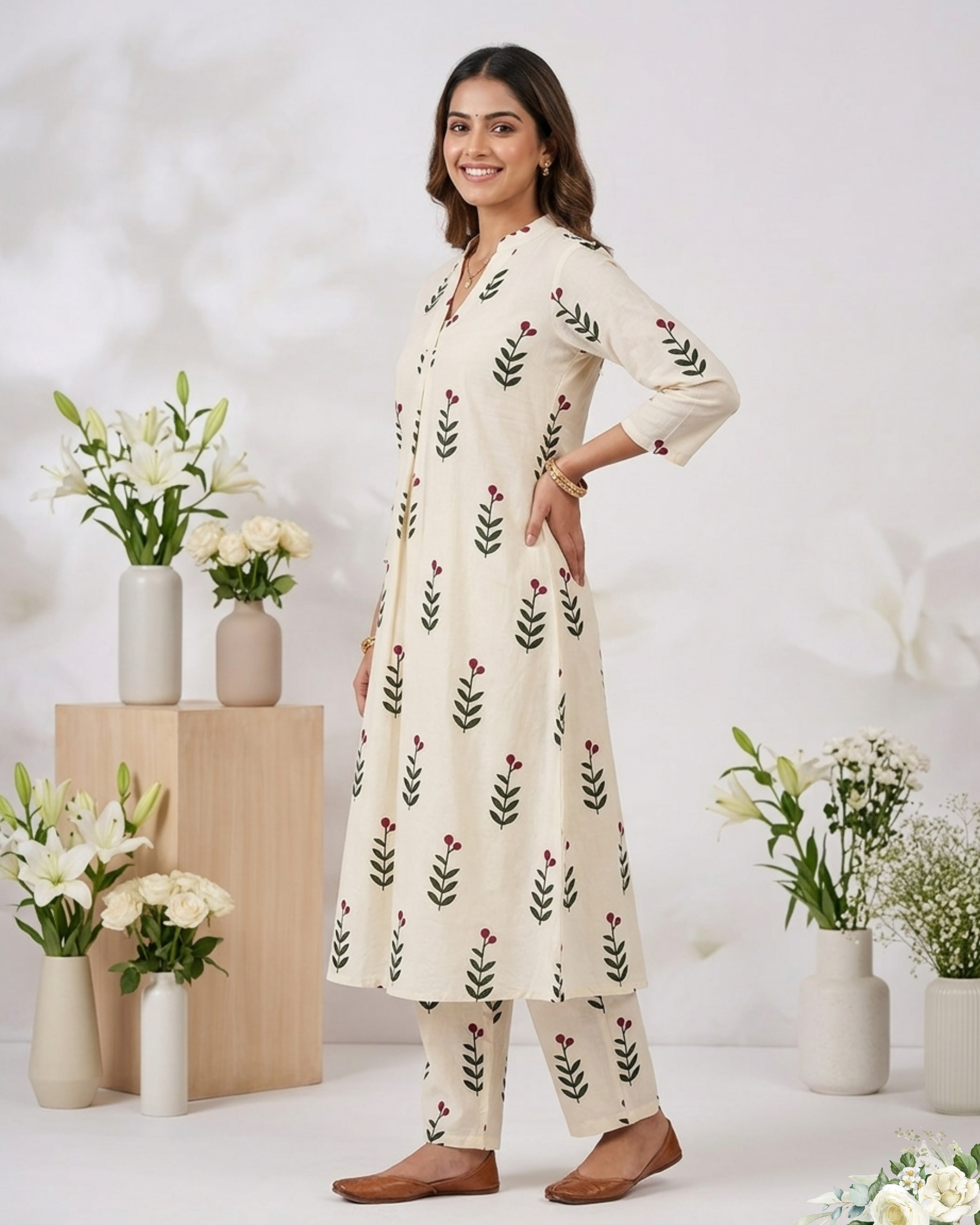 Sandal and Green leaf V - Neck Mul Cotton Kurti Set