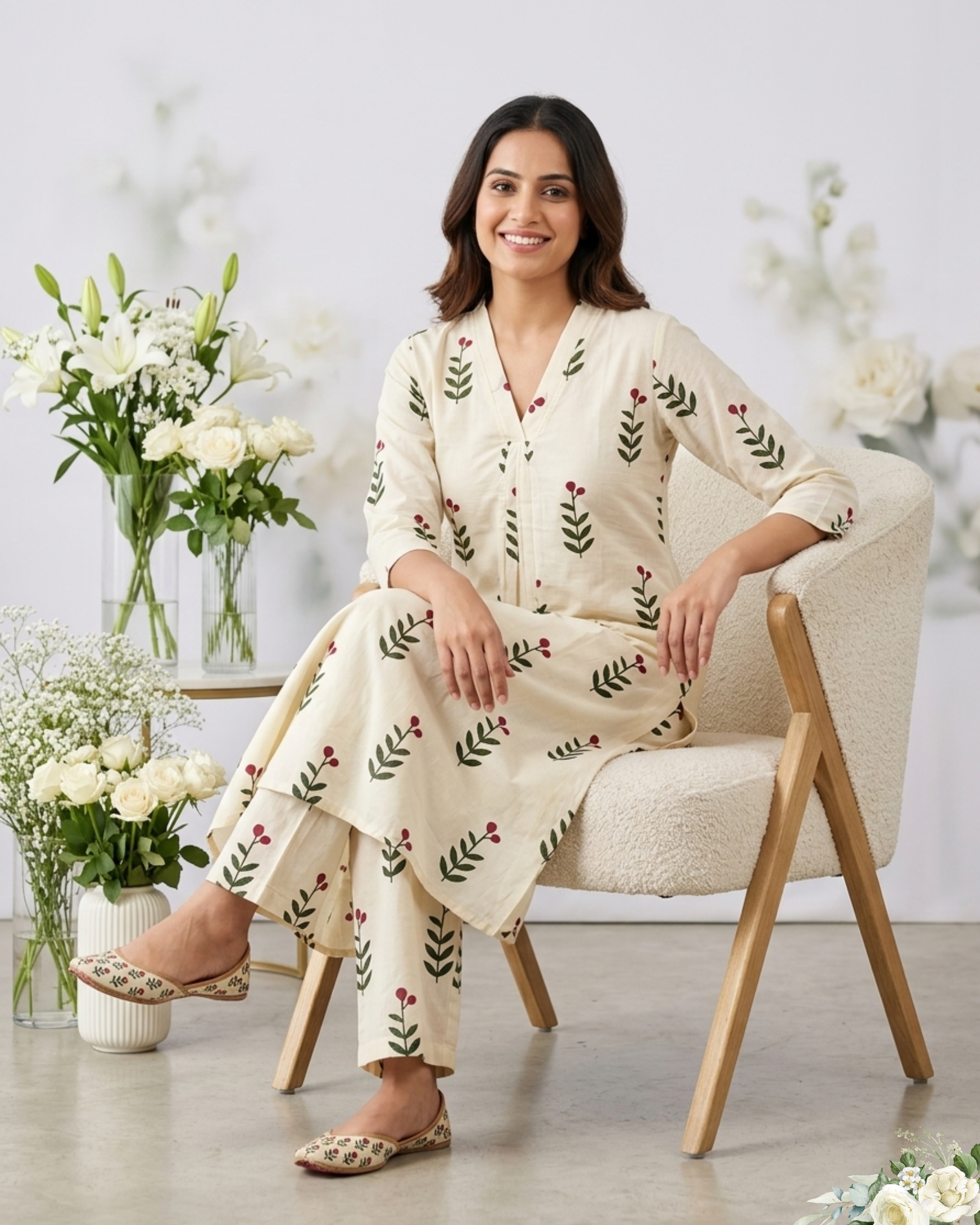 Sandal and Green leaf V - Neck Mul Cotton Kurti Set