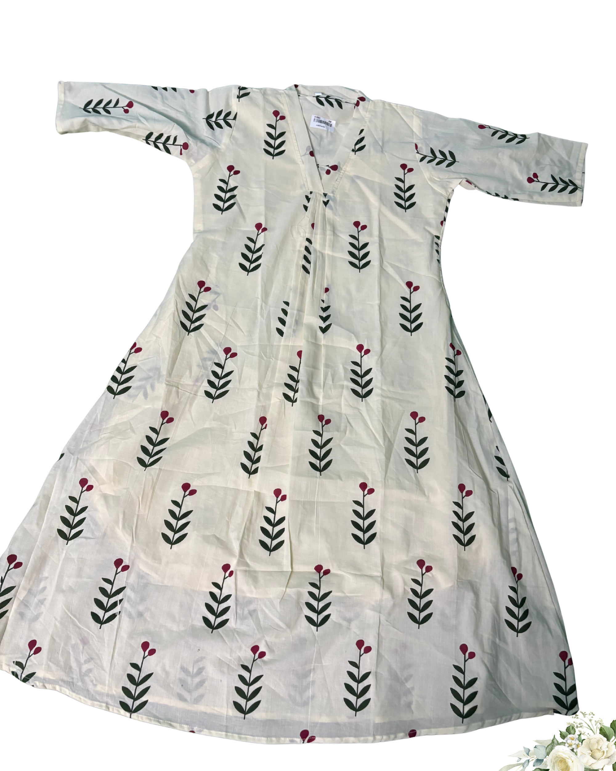 Sandal and Green leaf V - Neck Mul Cotton Kurti Set