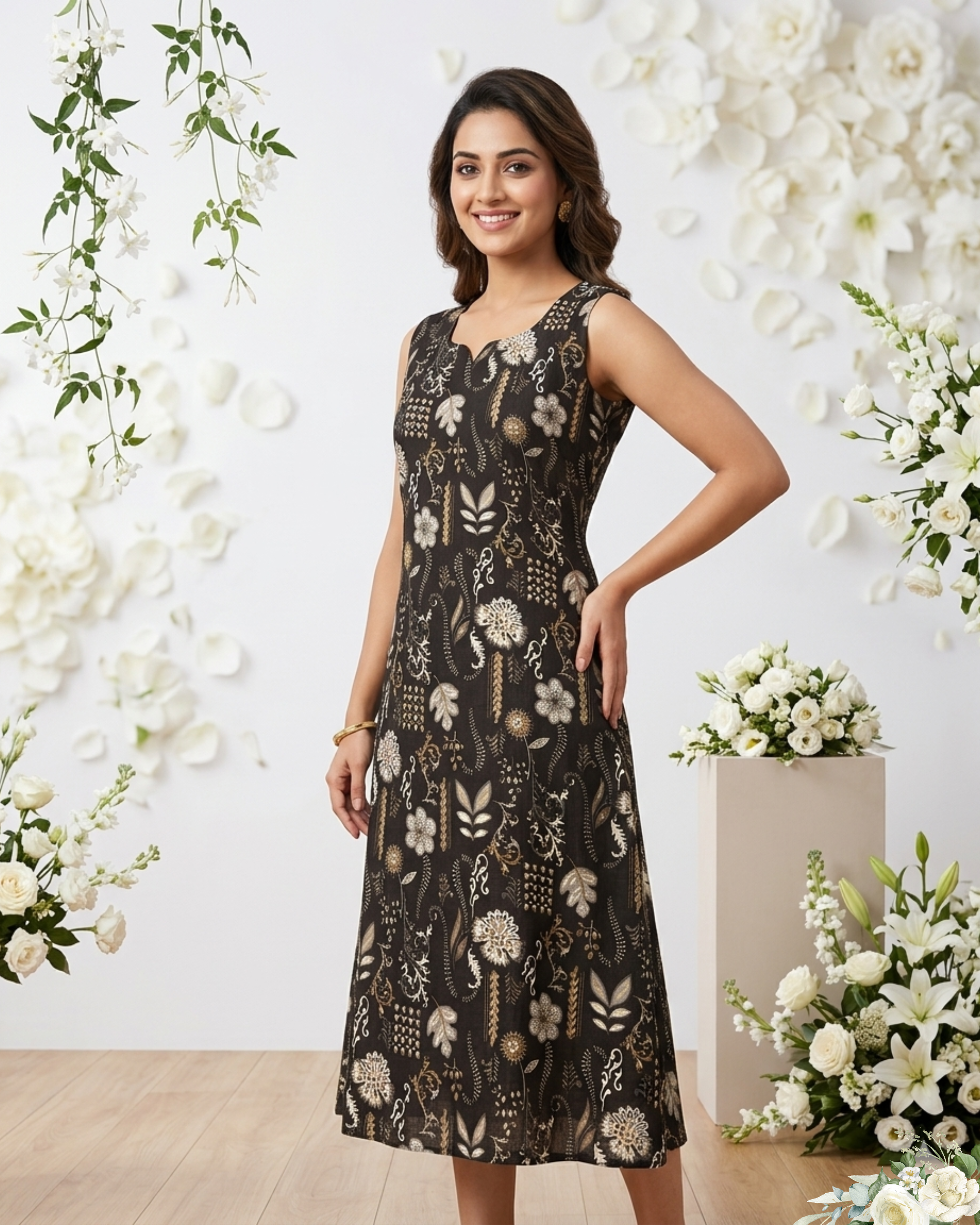Black Floral Print Sleeveless Maxi Dress