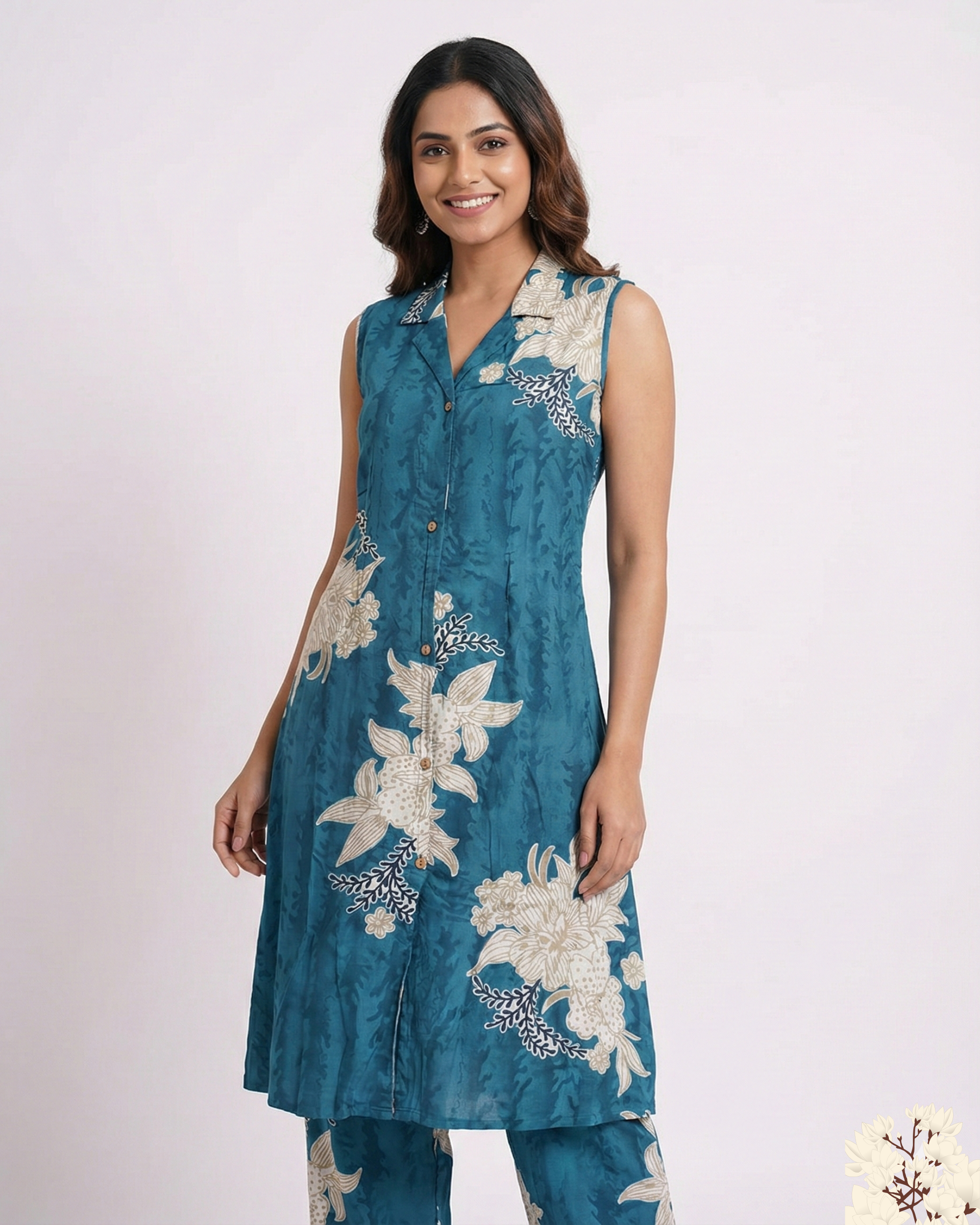 Teal Blue Floral Printed Sleeveless Rayon cotton Kurti  Set