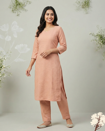 Elegant Peach Textured Kurta Pant Set for Women