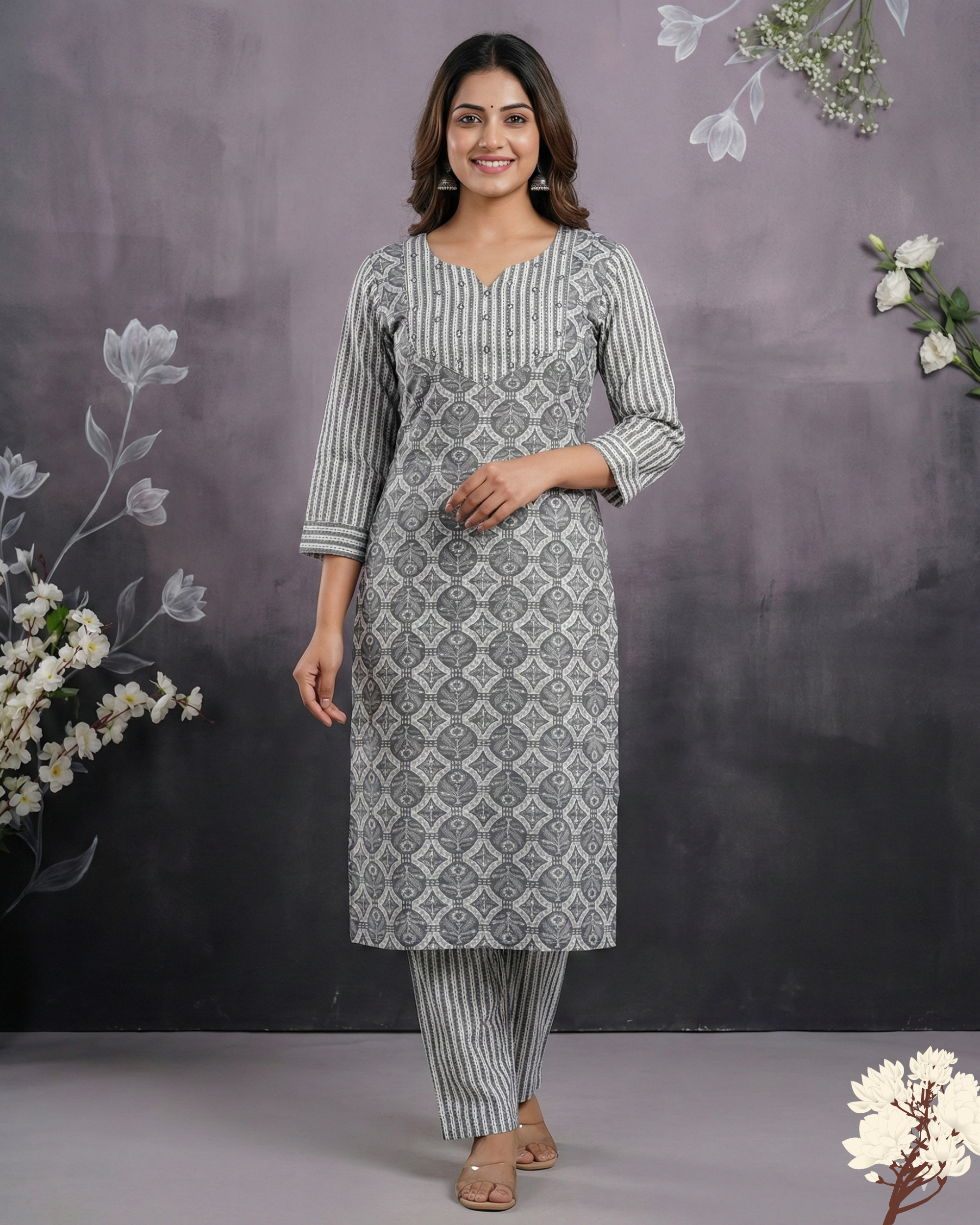 Grey Geometric Printed Handloom Inspired  Cotton Kurta set
