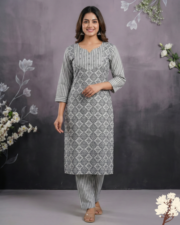 Grey Geometric Printed Handloom Inspired  Cotton Kurta set