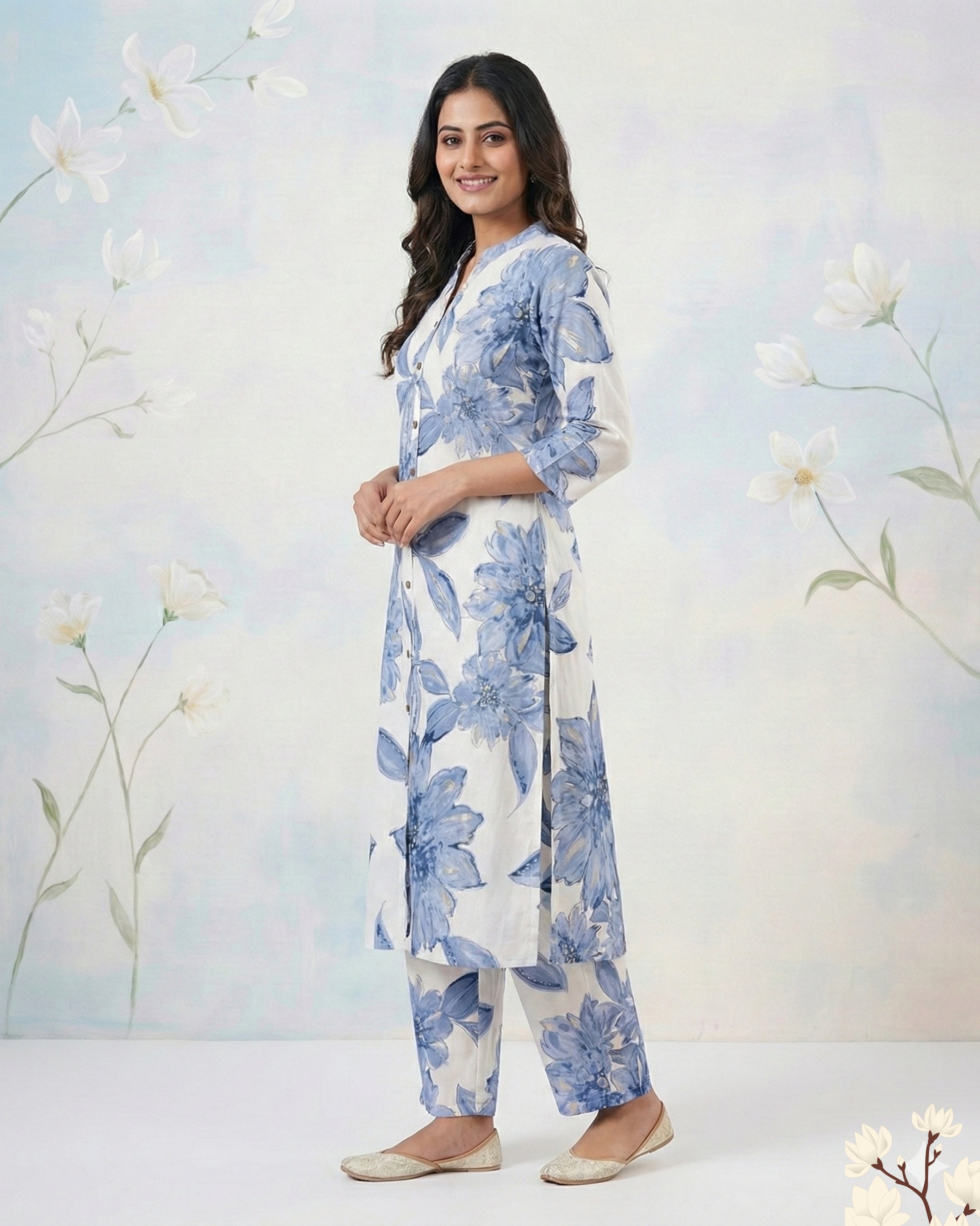 White & Blue Floral Printed Rayon cotton Kurti Set