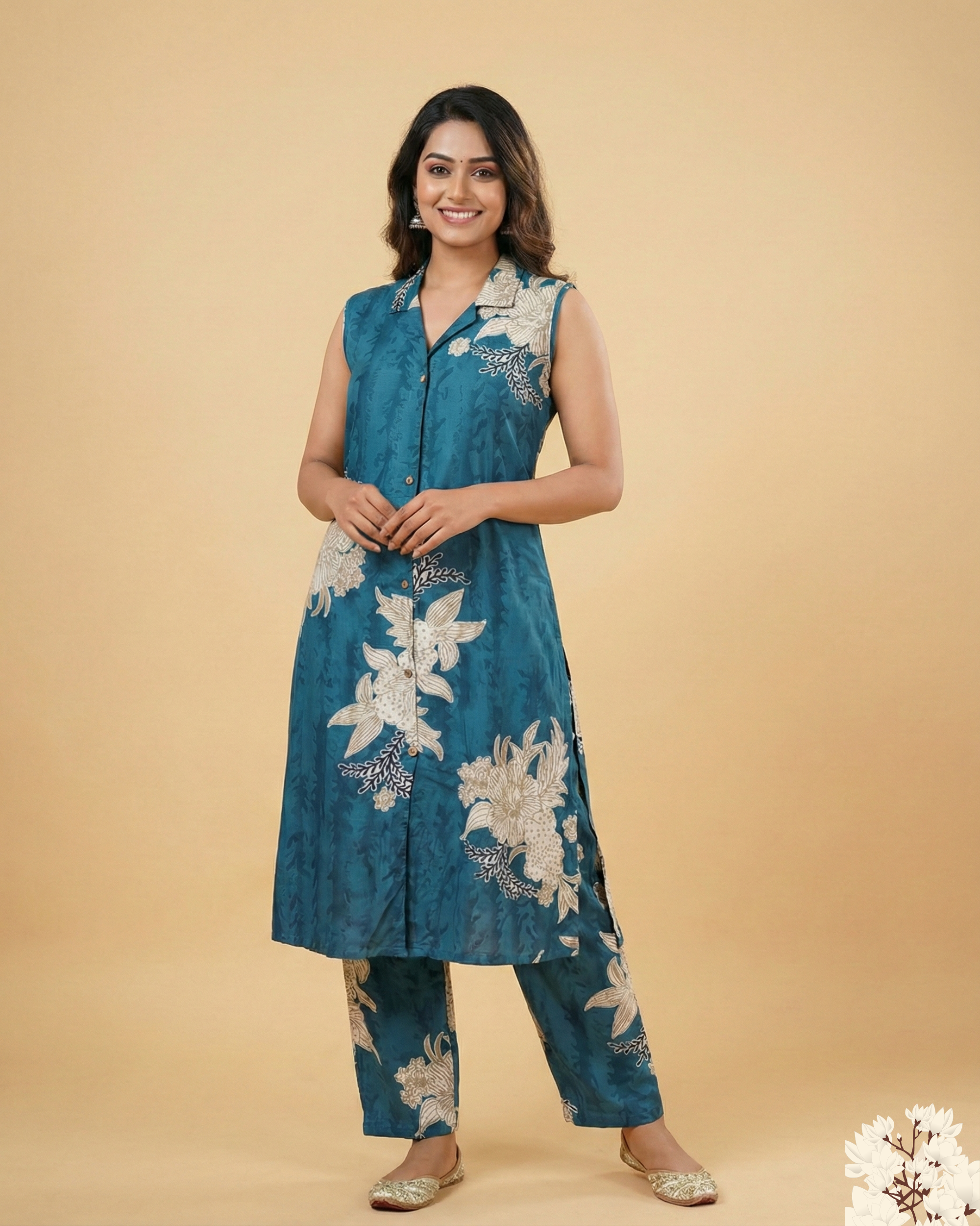 Teal Blue Floral Printed Sleeveless Rayon cotton Kurti  Set