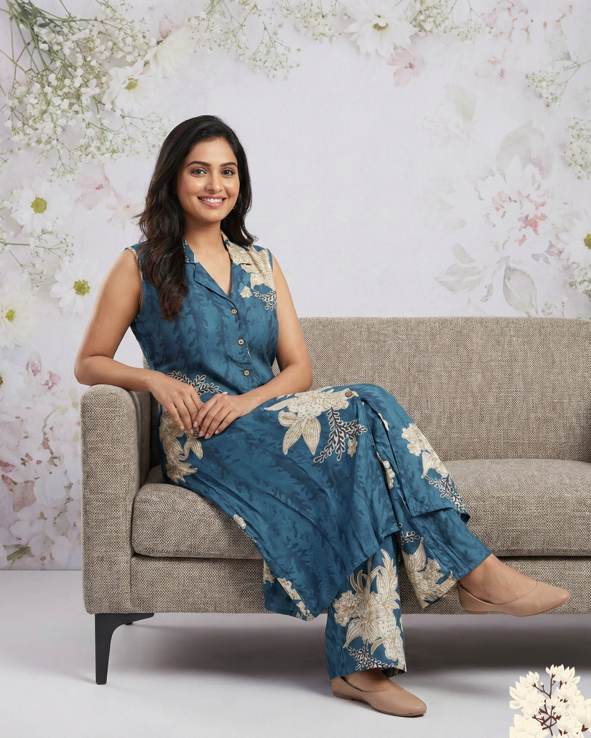 Teal Blue Floral Printed Sleeveless Rayon cotton Kurti  Set