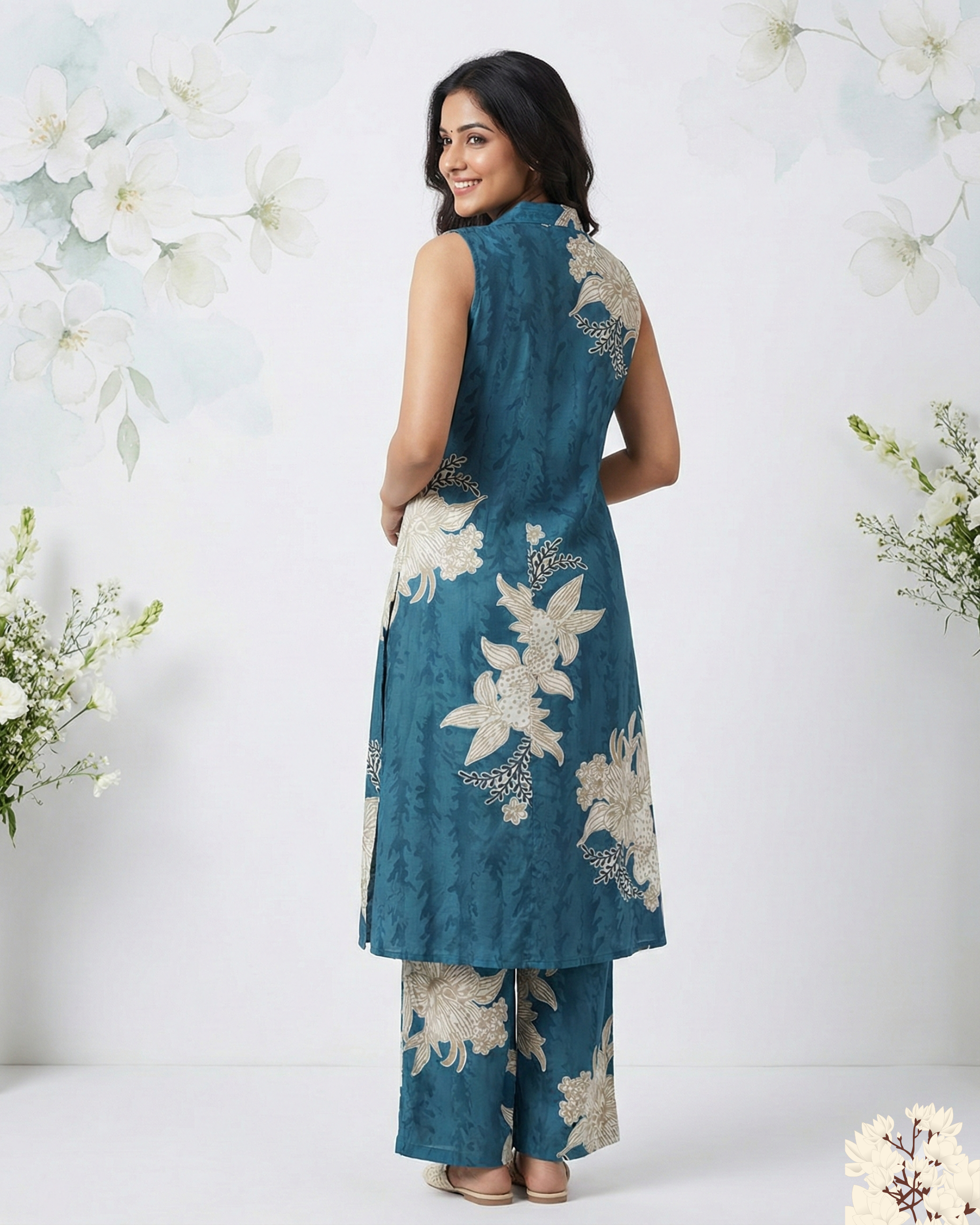 Teal Blue Floral Printed Sleeveless Rayon cotton Kurti  Set