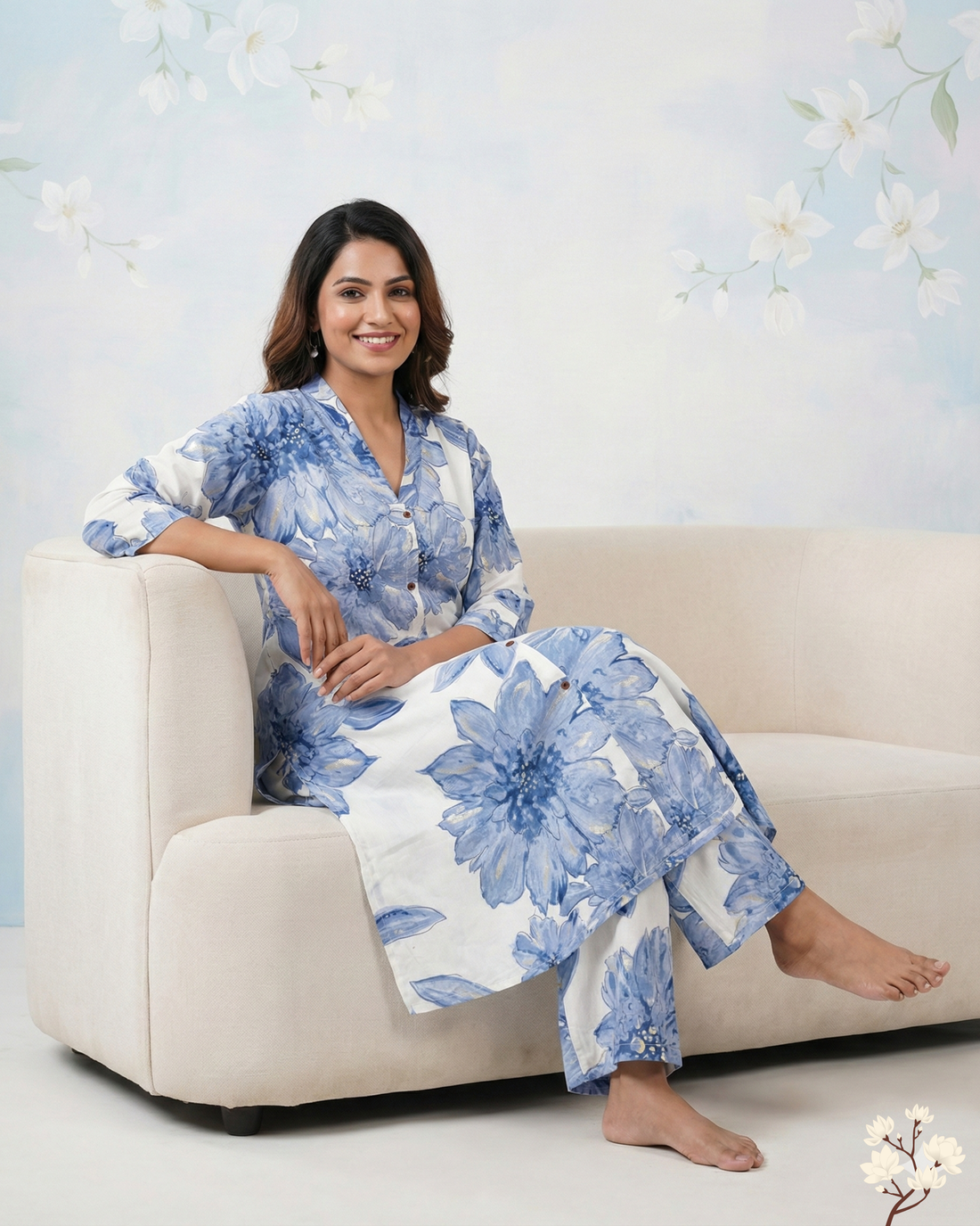 White & Blue Floral Printed Rayon cotton Kurti Set