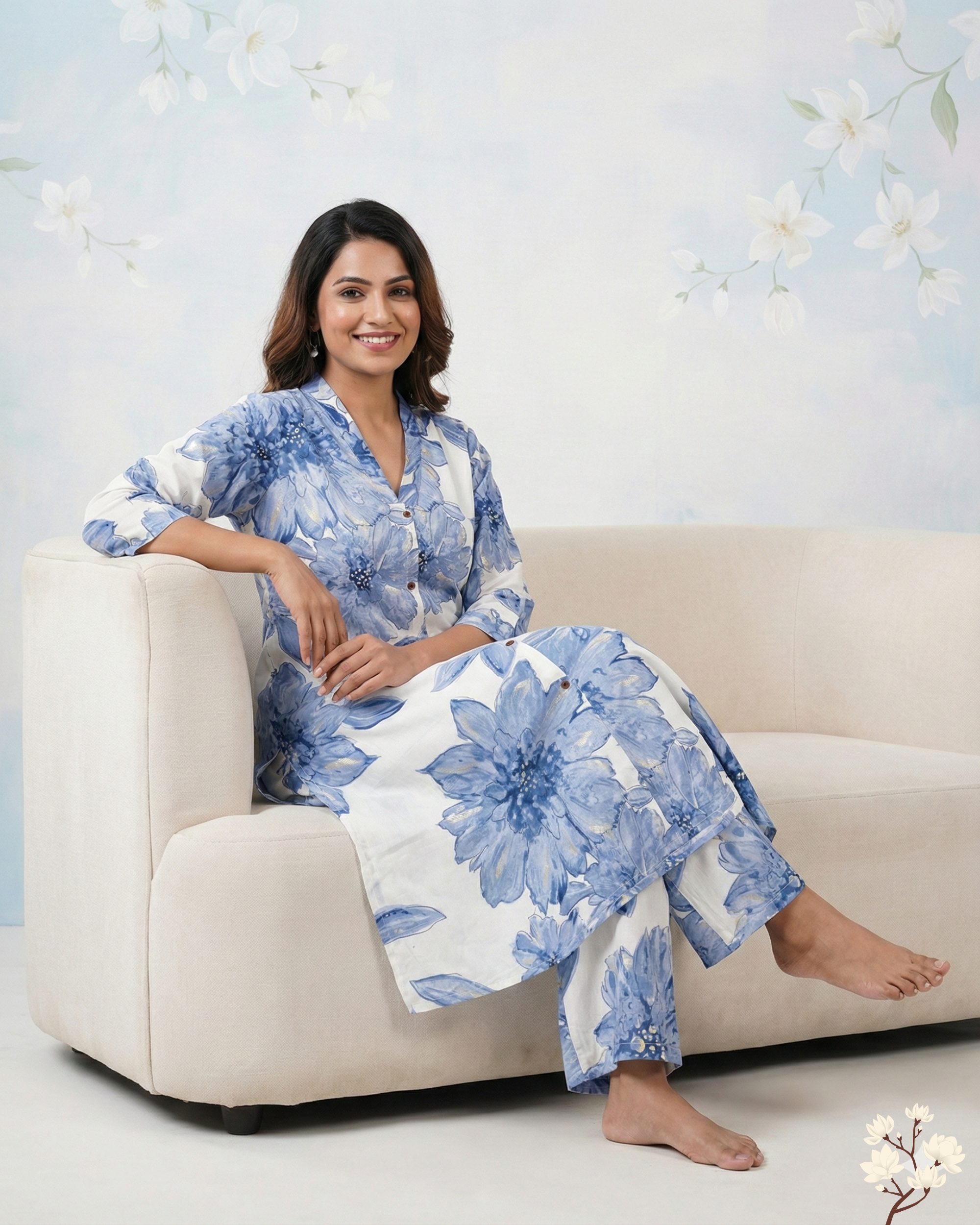 White & Blue Floral Printed Rayon cotton Kurti Set