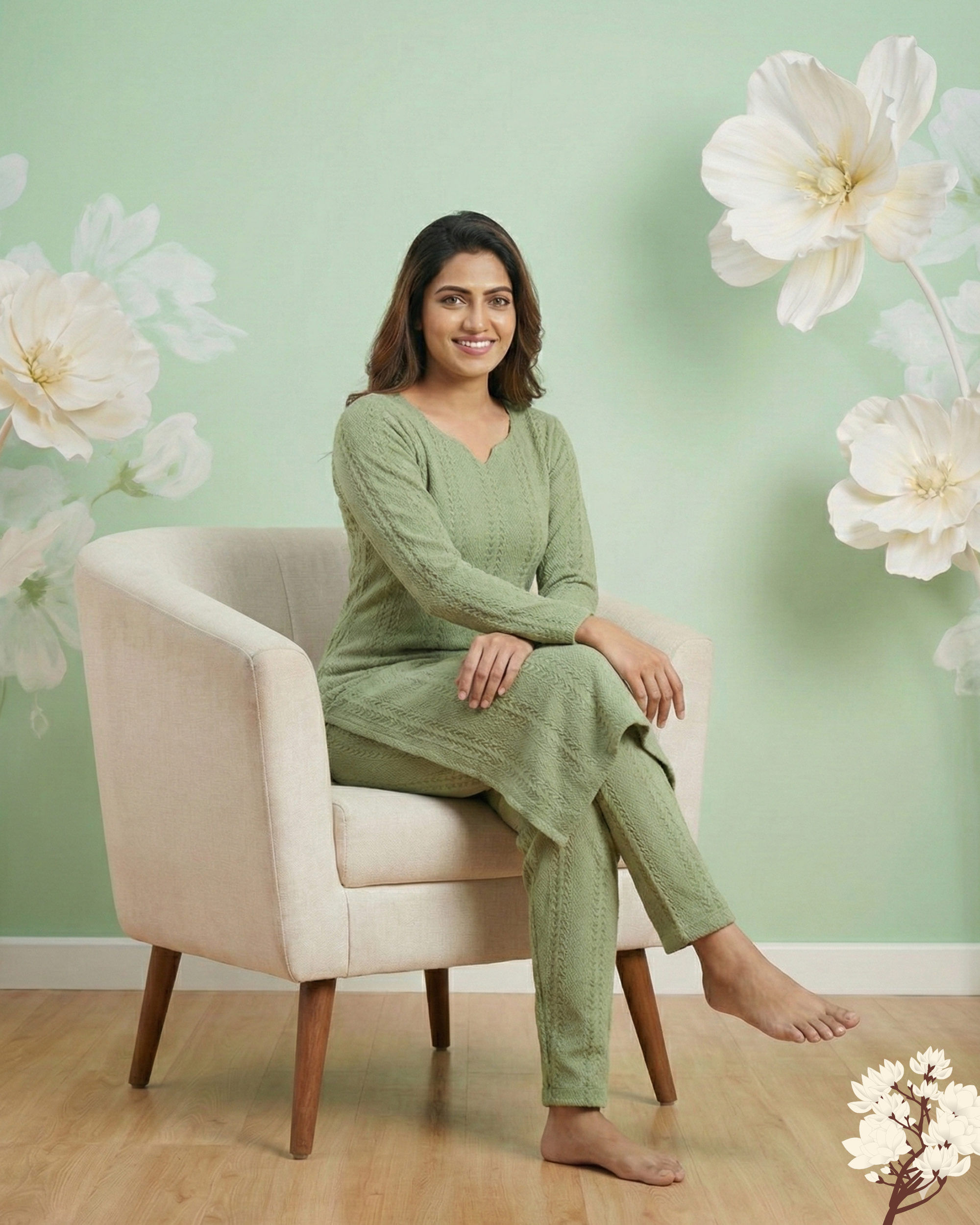 Elegant Sage Green Textured Kurta Pant Set for Women