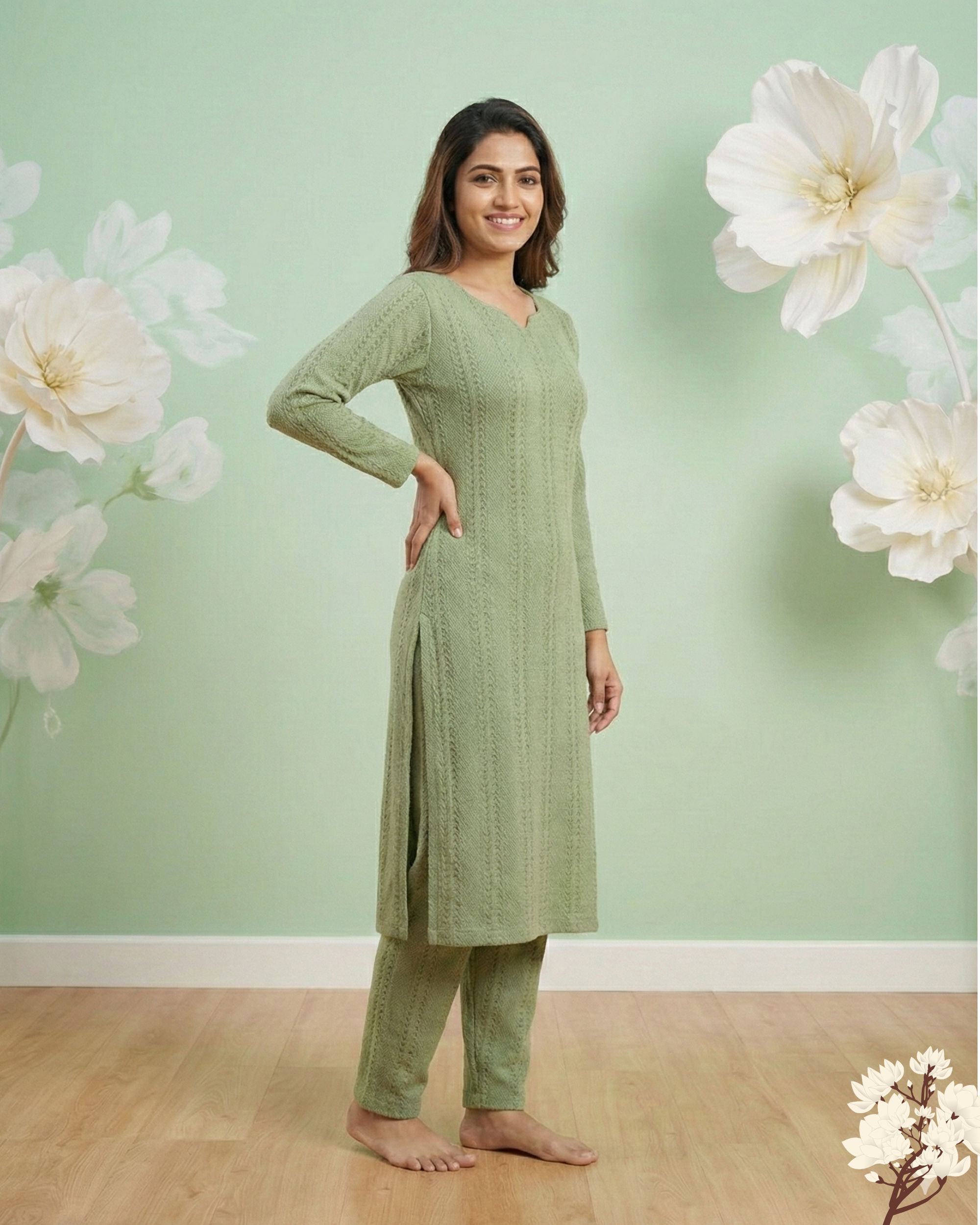Elegant Sage Green Textured Kurta Pant Set for Women