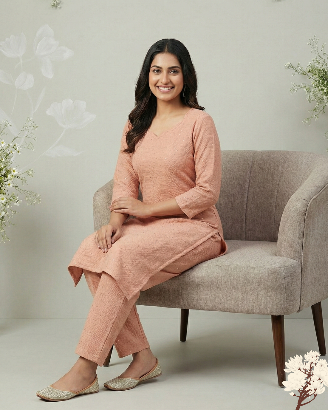Elegant Peach Textured Kurta Pant Set for Women