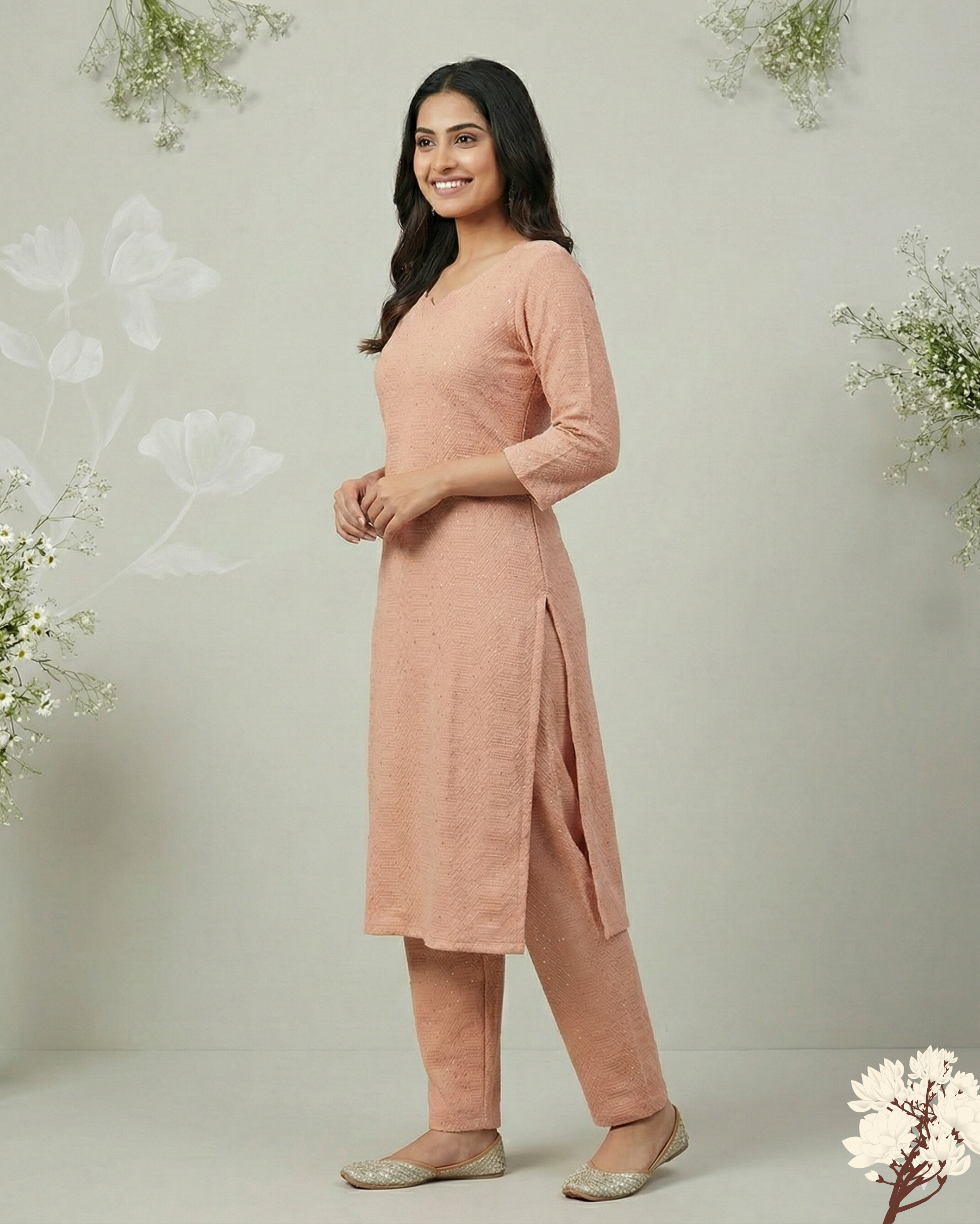 Elegant Peach Textured Kurta Pant Set for Women