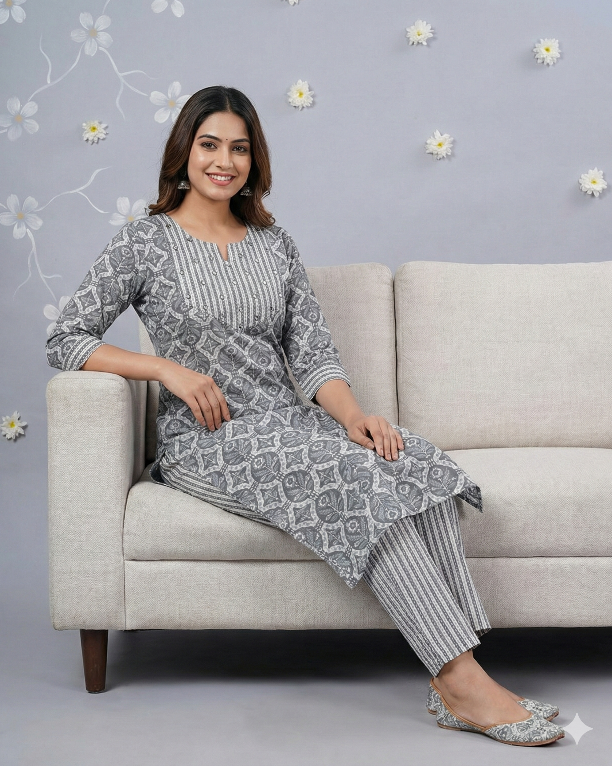 Grey Geometric Printed Handloom Inspired  Cotton Kurta set