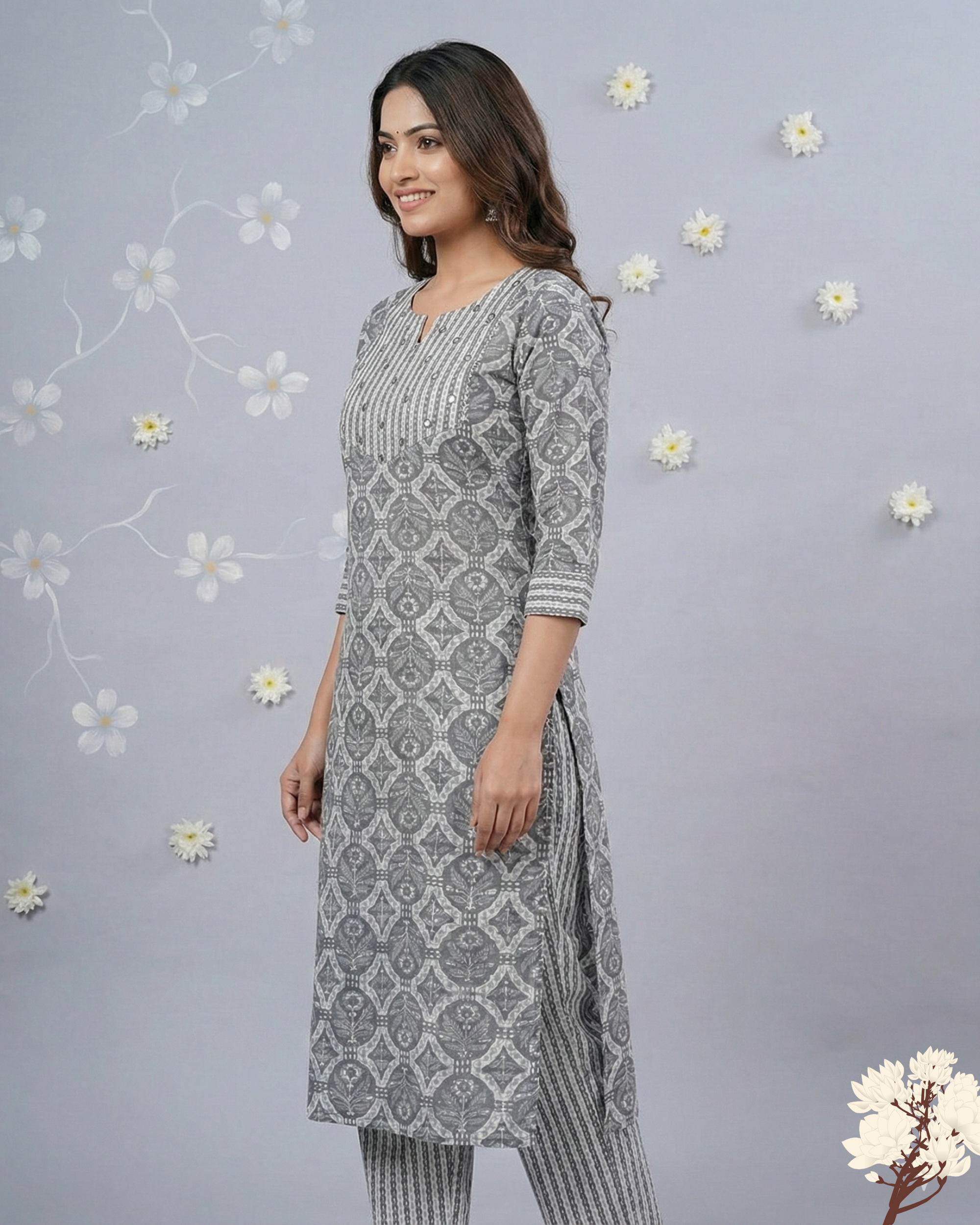 Grey Geometric Printed Handloom Inspired  Cotton Kurta set