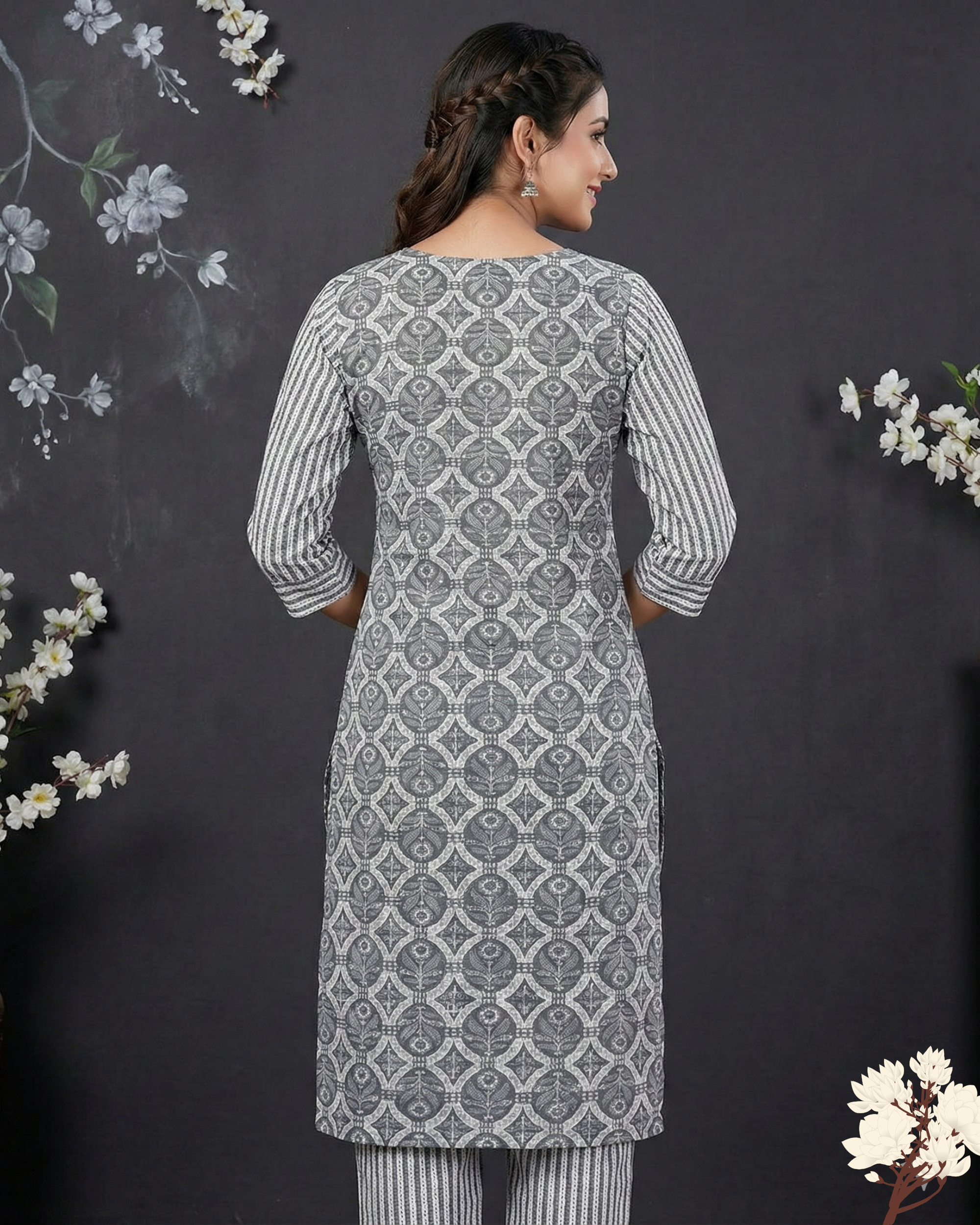 Grey Geometric Printed Handloom Inspired  Cotton Kurta set