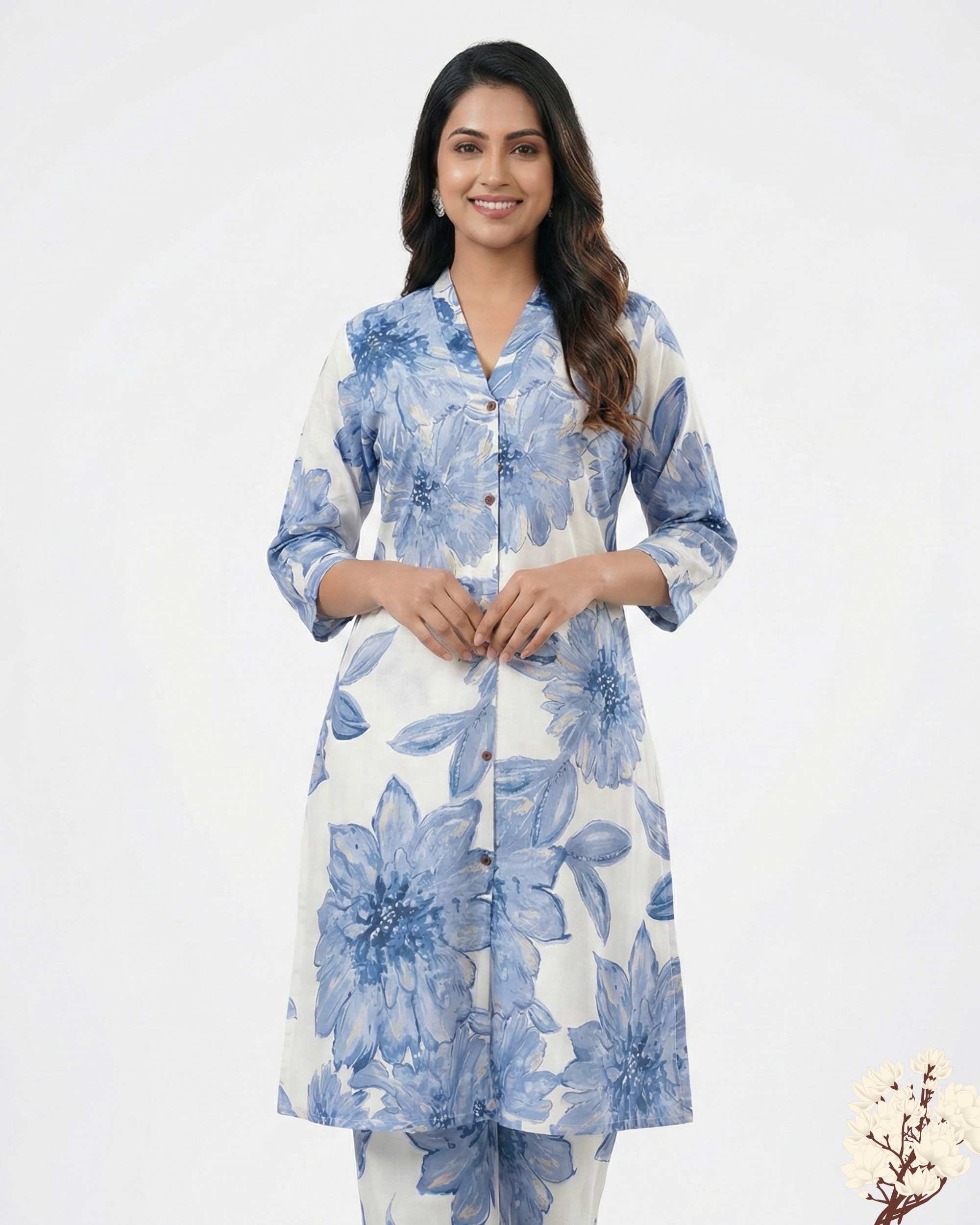White & Blue Floral Printed Rayon cotton Kurti Set