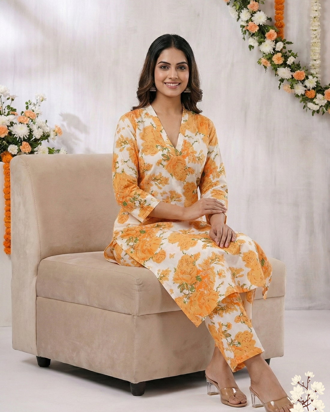 White & Orange Floral Printed  V - Neck Pure cotton Kurti Set