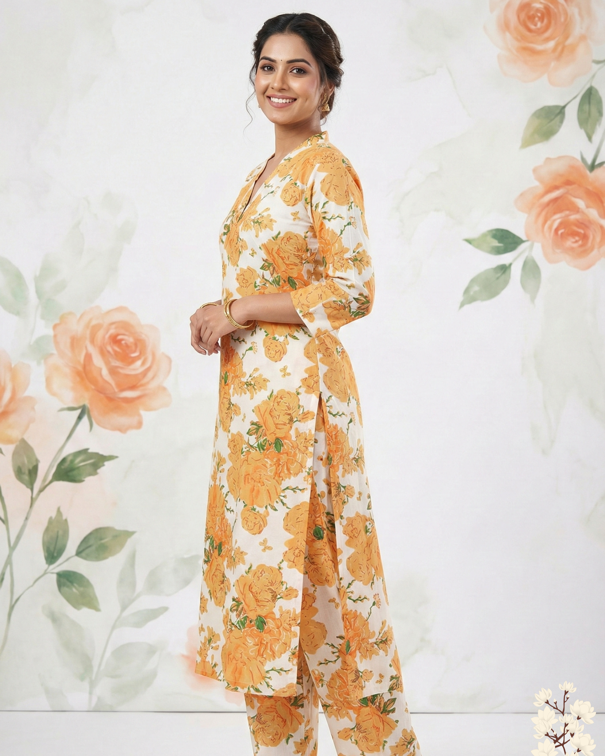 White & Orange Floral Printed  V - Neck Pure cotton Kurti Set